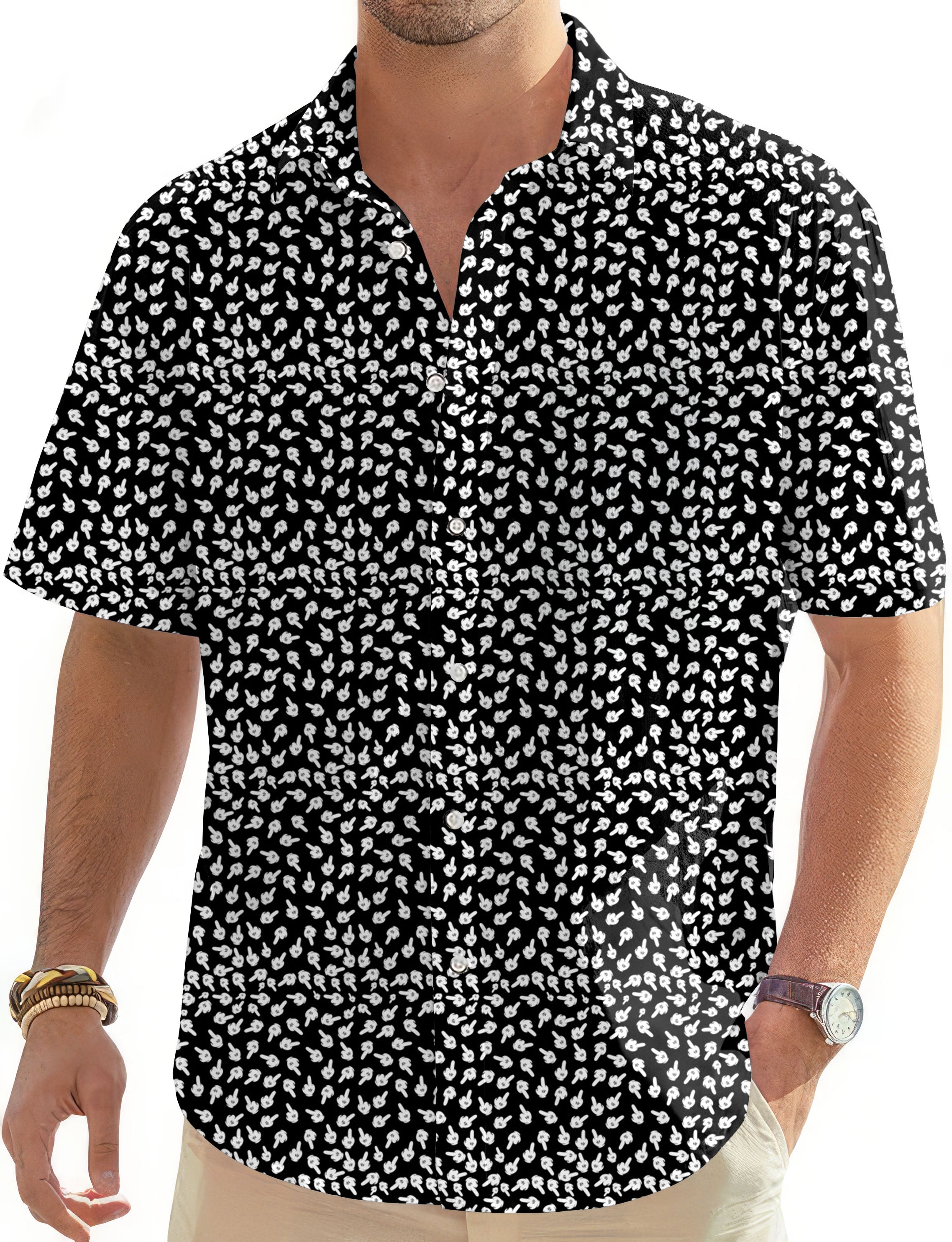 Men's Middle Finger golf Hawaiian shirt black with white pattern button-down summer shirt