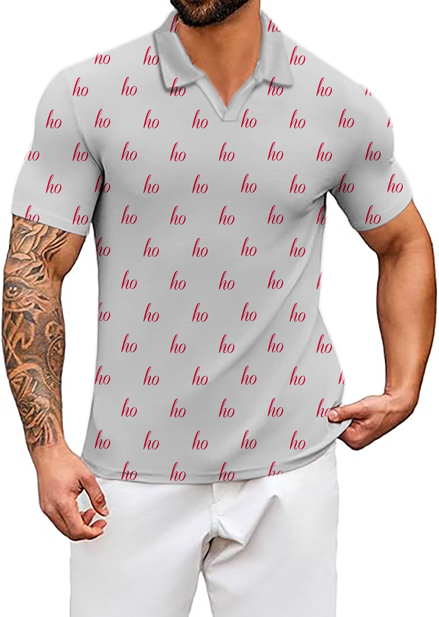 Men's white polo shirt with red "ho" print, custom name Christmas design, classic fit, moisture-wicking fabric, UPF 40+ protection, and stay right collar