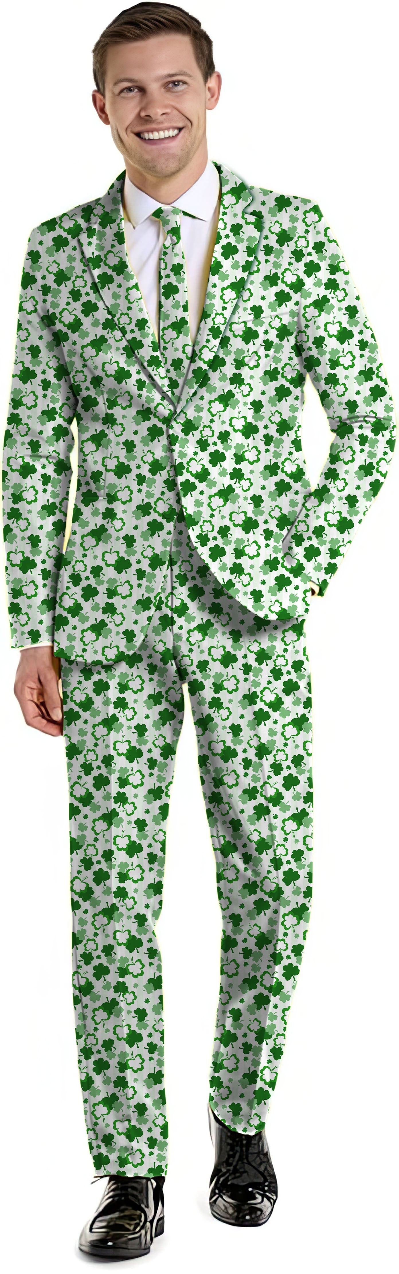 Men's St. Patrick's Day suit with green leaf clover pattern blazer, vest, and pants