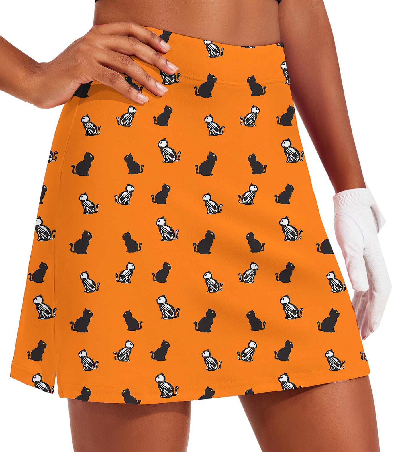 Women's -Halloween Skull Cat Custom The Background Color Golf Skirts Inner Shorts Pocket