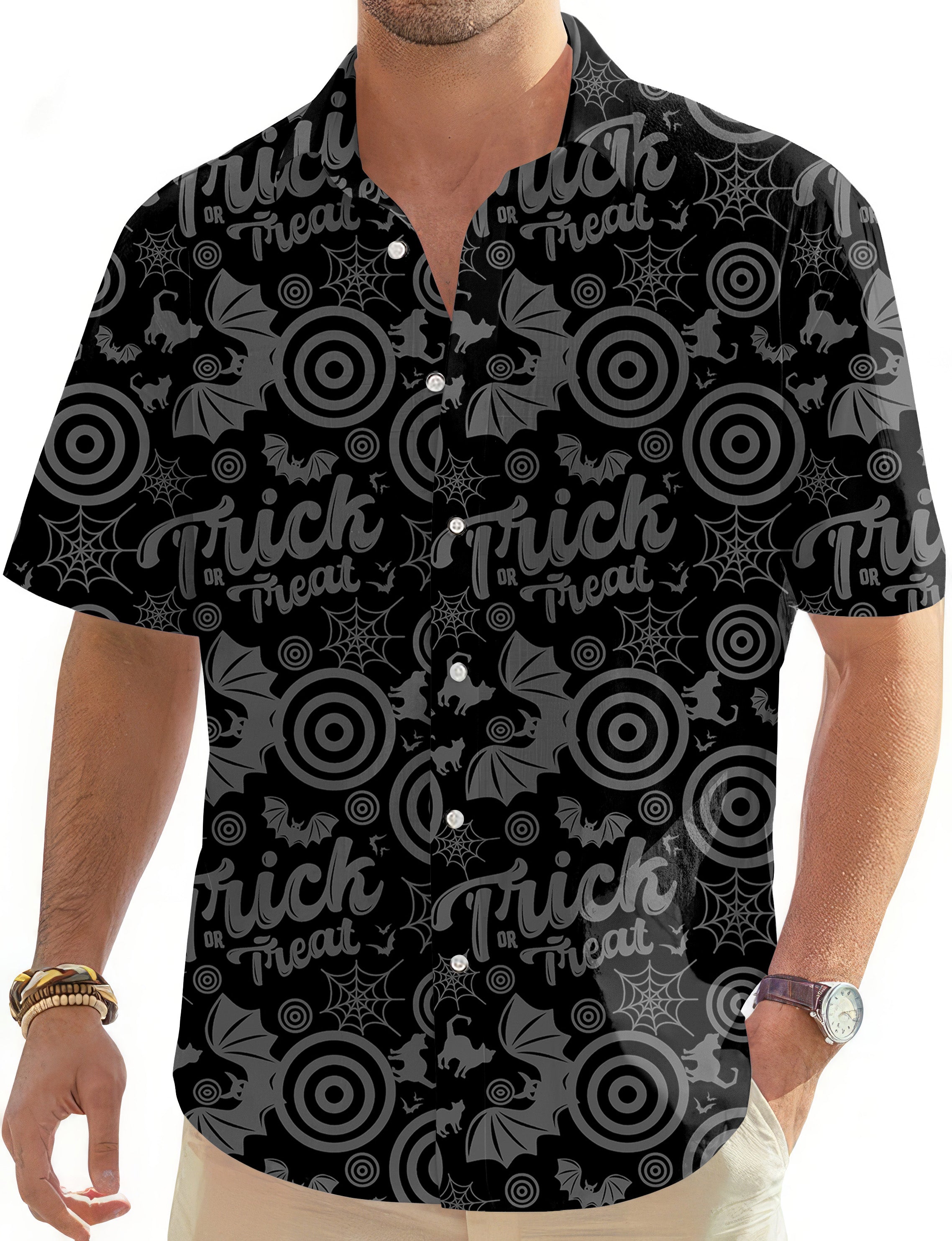 Men's Halloween Circle Bat Cat black button-down Hawaiian golf shirt with short sleeves and spooky print