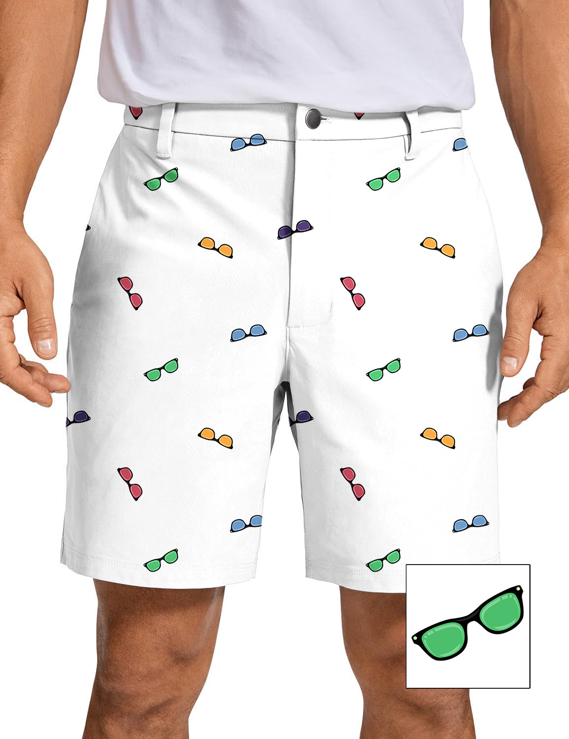 Men's golf shorts with colorful sunglass pattern on white background, lightweight and quick-dry fabric