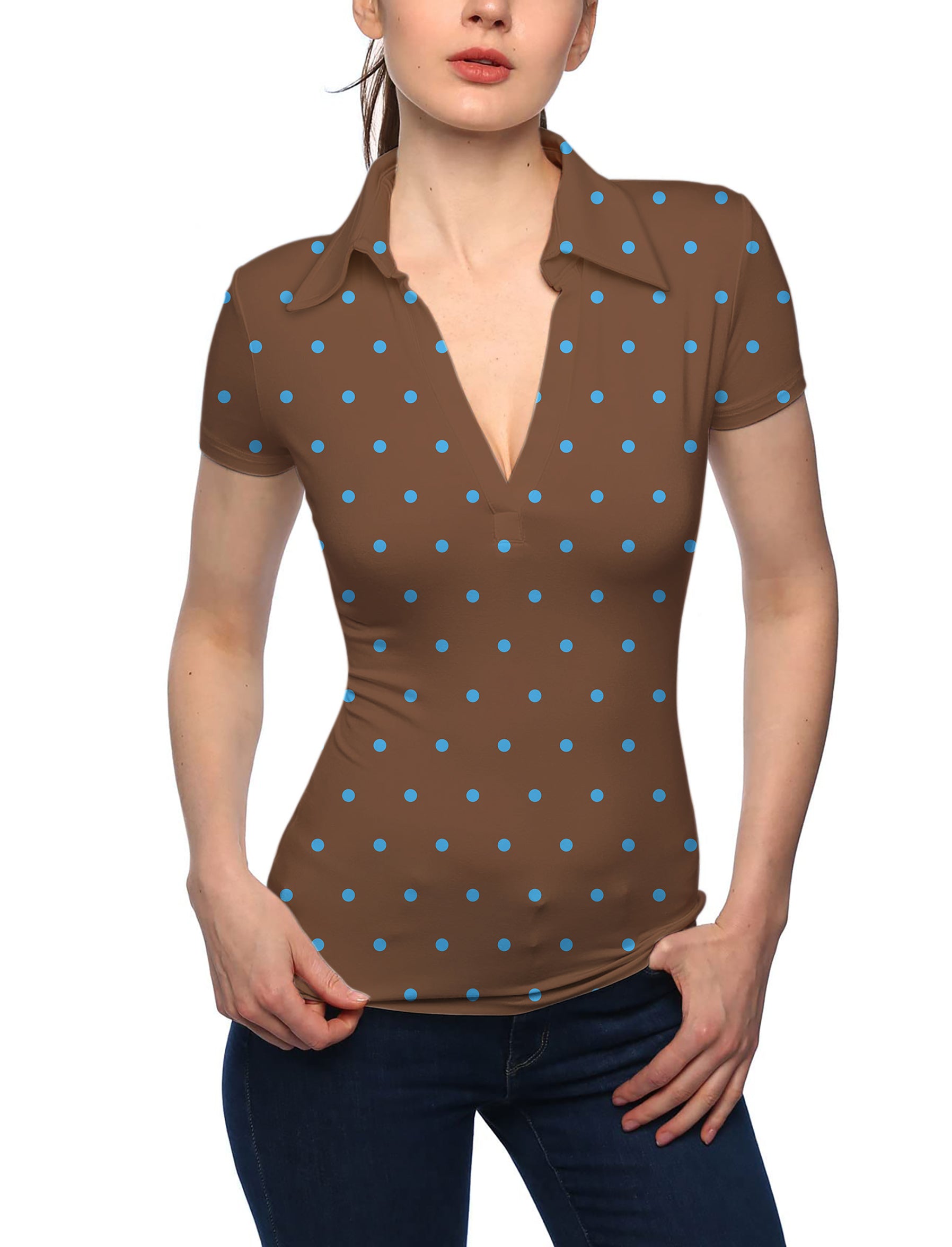 Women's Brown Polka Dots V Neck Golf Polo