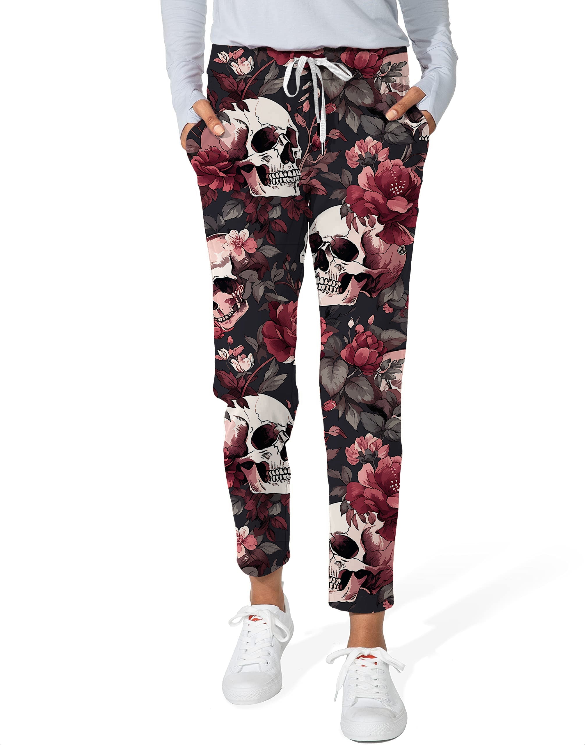 Women's 7/8 stretch ankle golf pants with Halloween floral skull pattern