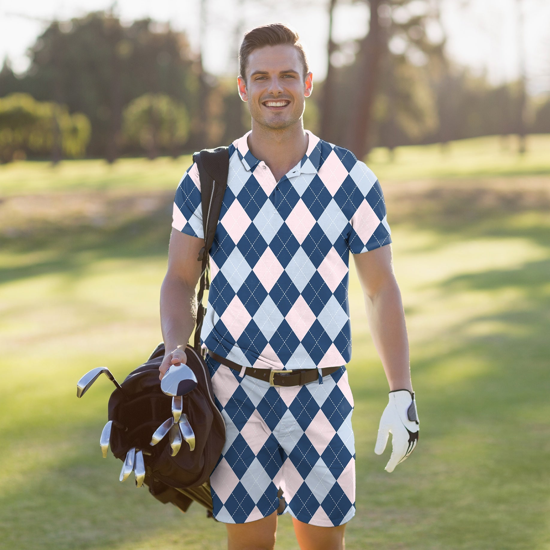 Men's golf set blue argyle polo and shorts with four-way stretch, moisture-wicking fabric, and UPF 40+ protection