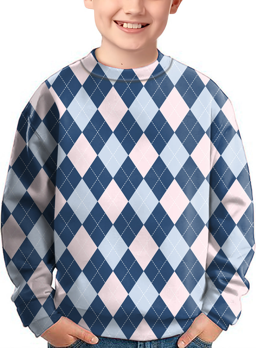 blue Argyle crewneck pullover sweater for kids with diamond pattern