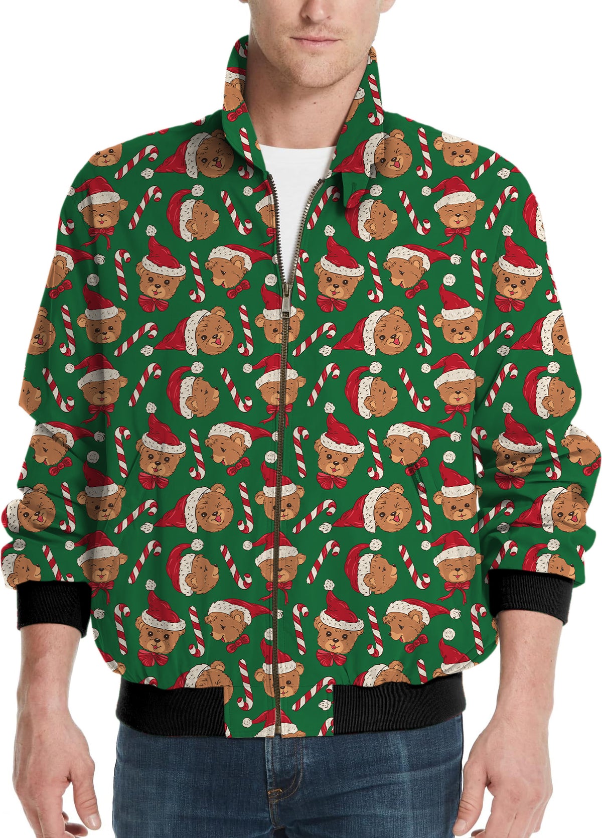 Green Christmas Teddy Bear Men's Golf Windbreaker Light Jacket