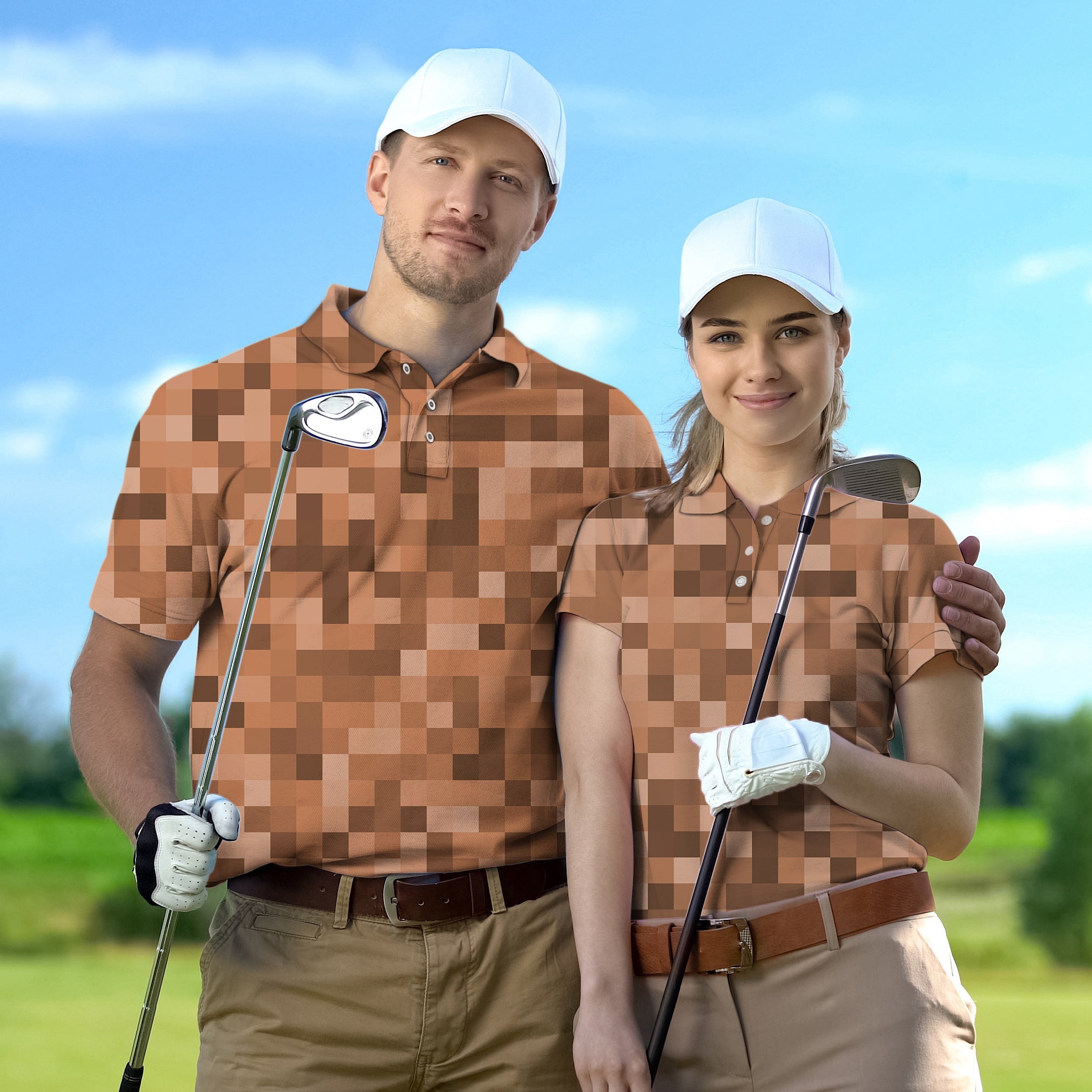 Couple wearing brown pixel pattern golf shirts holding clubs on golf course