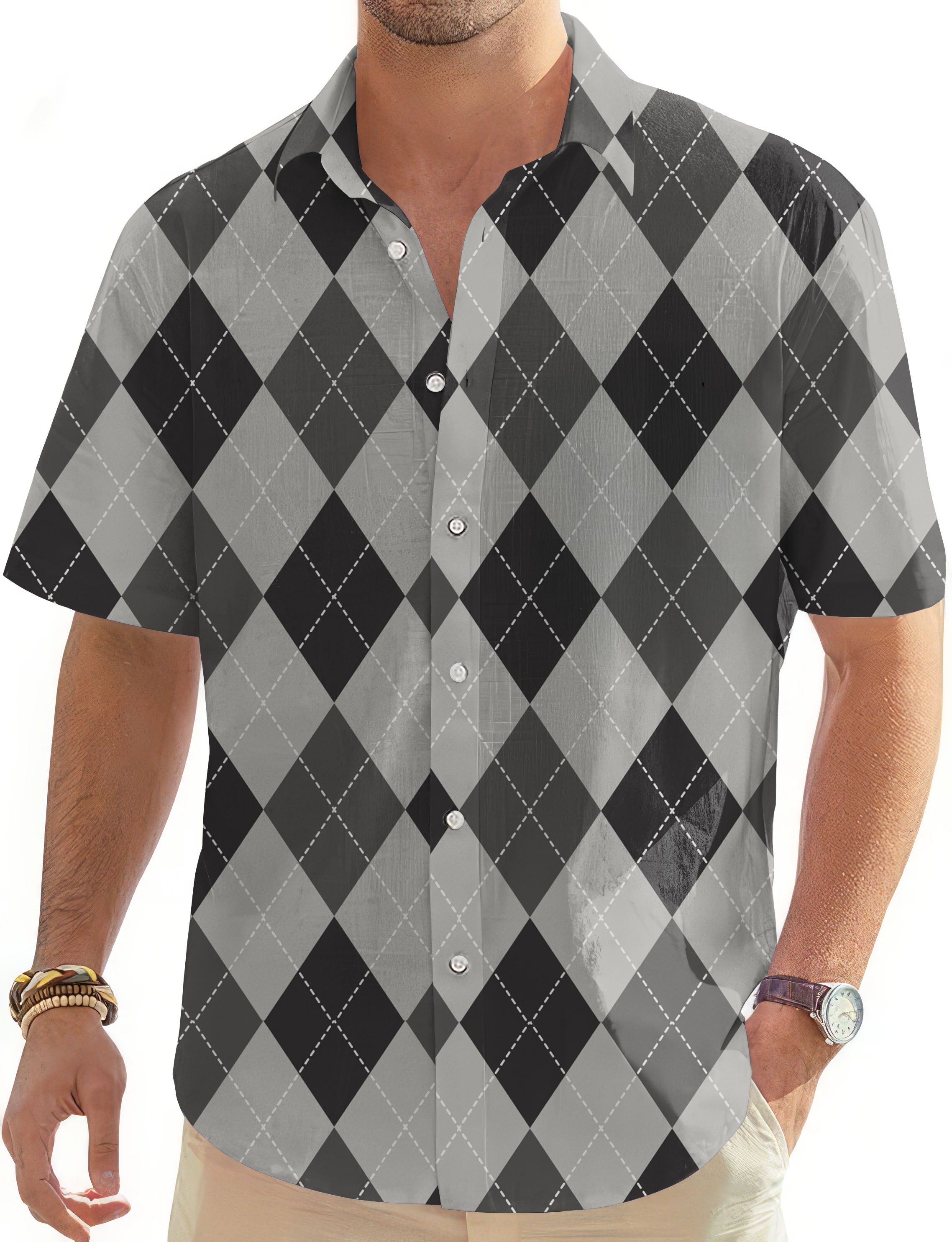 grey Argyle-Men's Golf Hawaiian Shirts Button Down Shirt