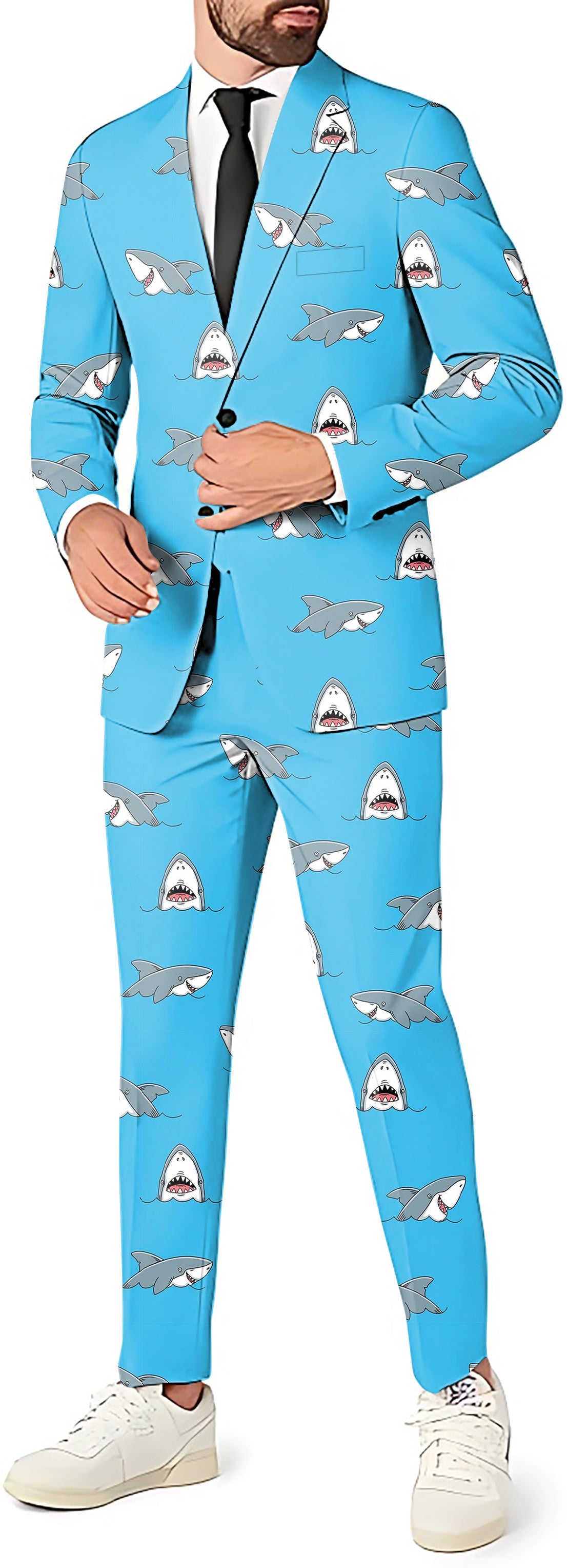Chomp Chomp shark men's slim fit party suit with blazer, pants, and vest in blue shark print