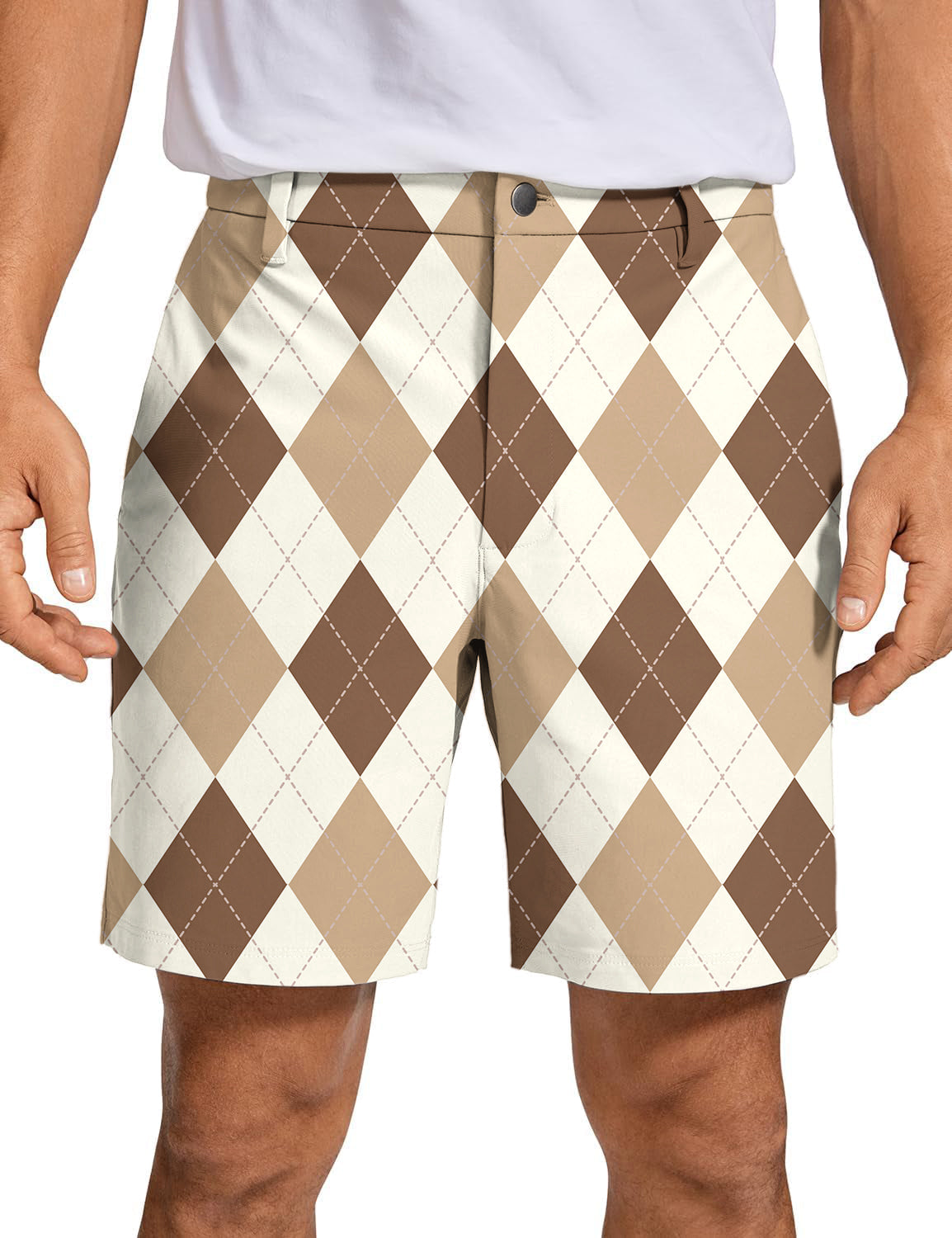 Men's brown argyle golf shorts with quick-dry, breathable fabric and two-way stretch for comfort and style