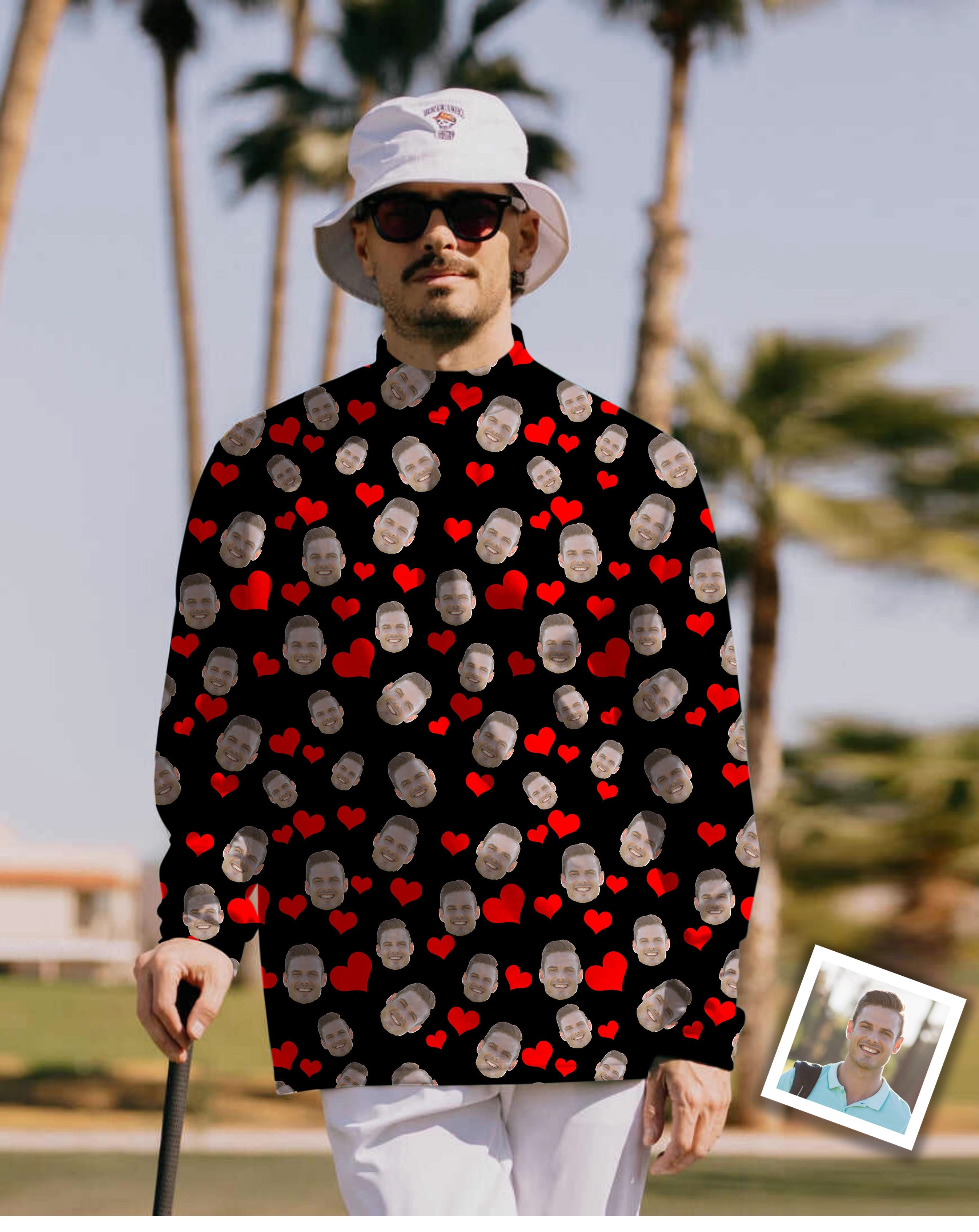 Men's custom red heart photo pullover t-shirt with funny face design for Valentine's Day