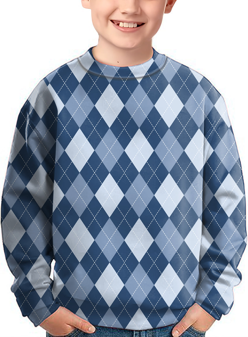 blue Argyle crewneck pullover sweater for kids with diamond pattern design
