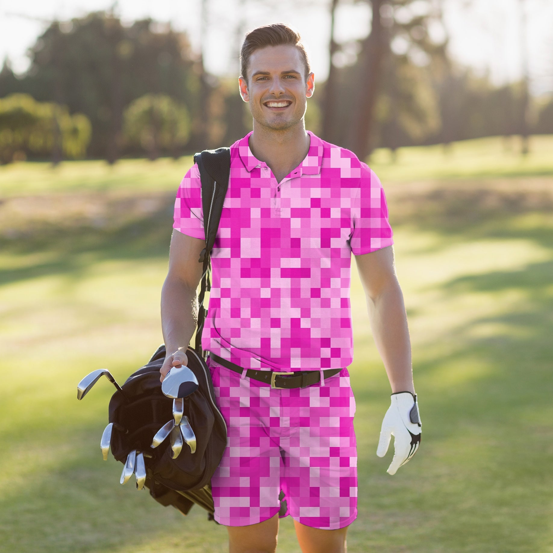 Men's golf set with rose red pixel pattern polo and shorts, four-way stretch, moisture-wicking, wrinkle-resistant, and UPF 40+ protection for comfort and style on the green