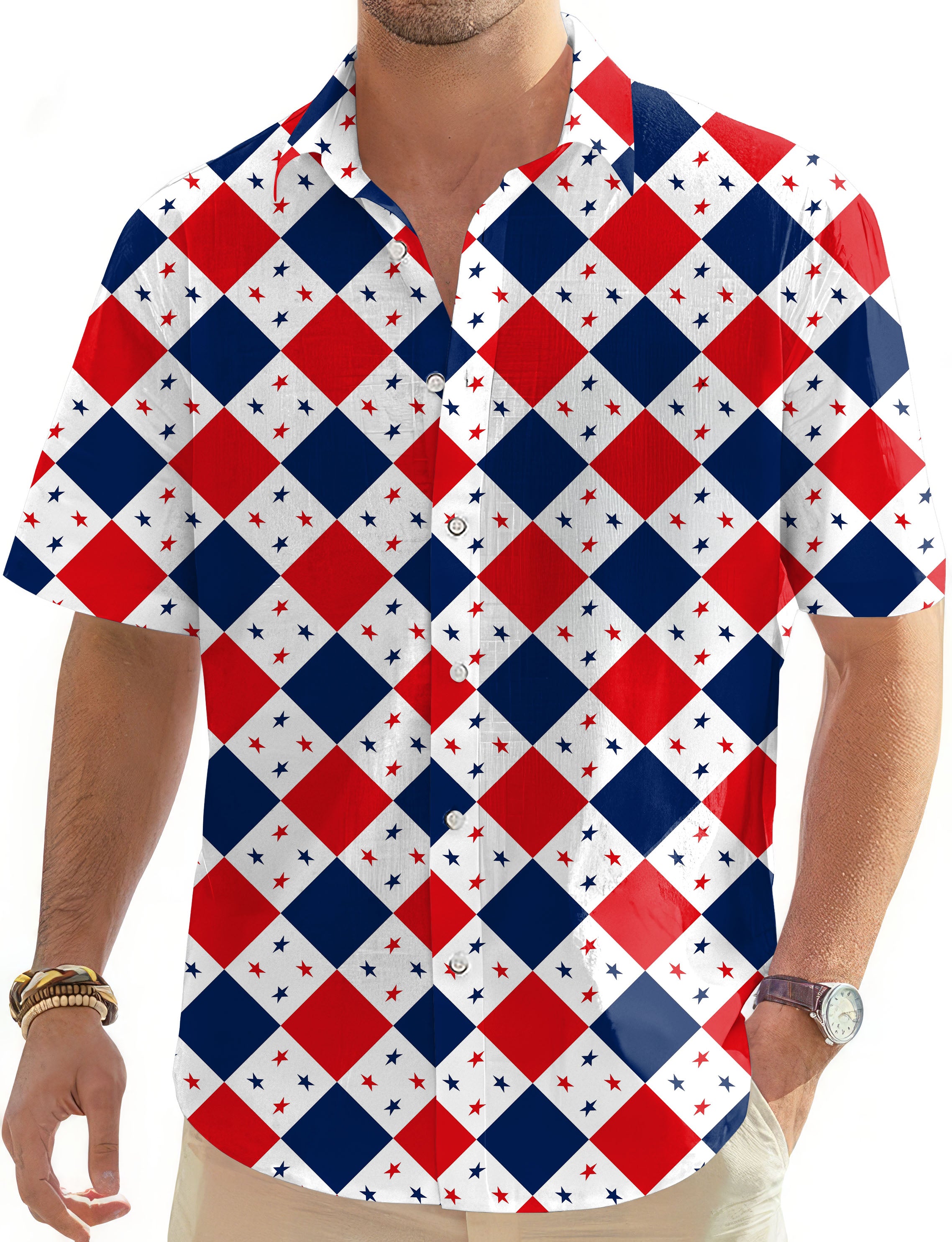 Argyle US Star flag-Men's Golf Hawaiian Shirts Button Down Shirt