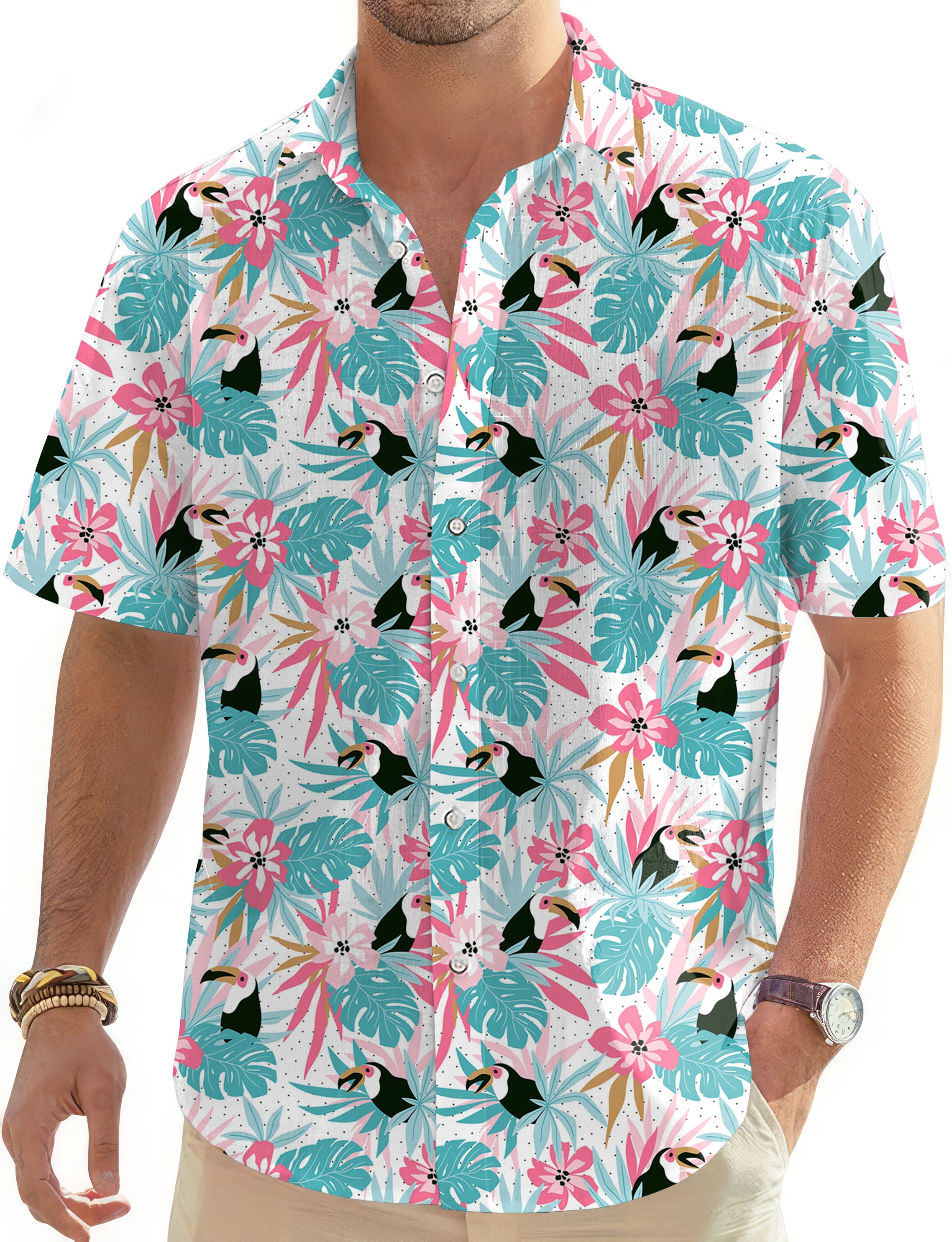 Floral Toucan-Men's Golf Hawaiian Shirts Button Down Shirt