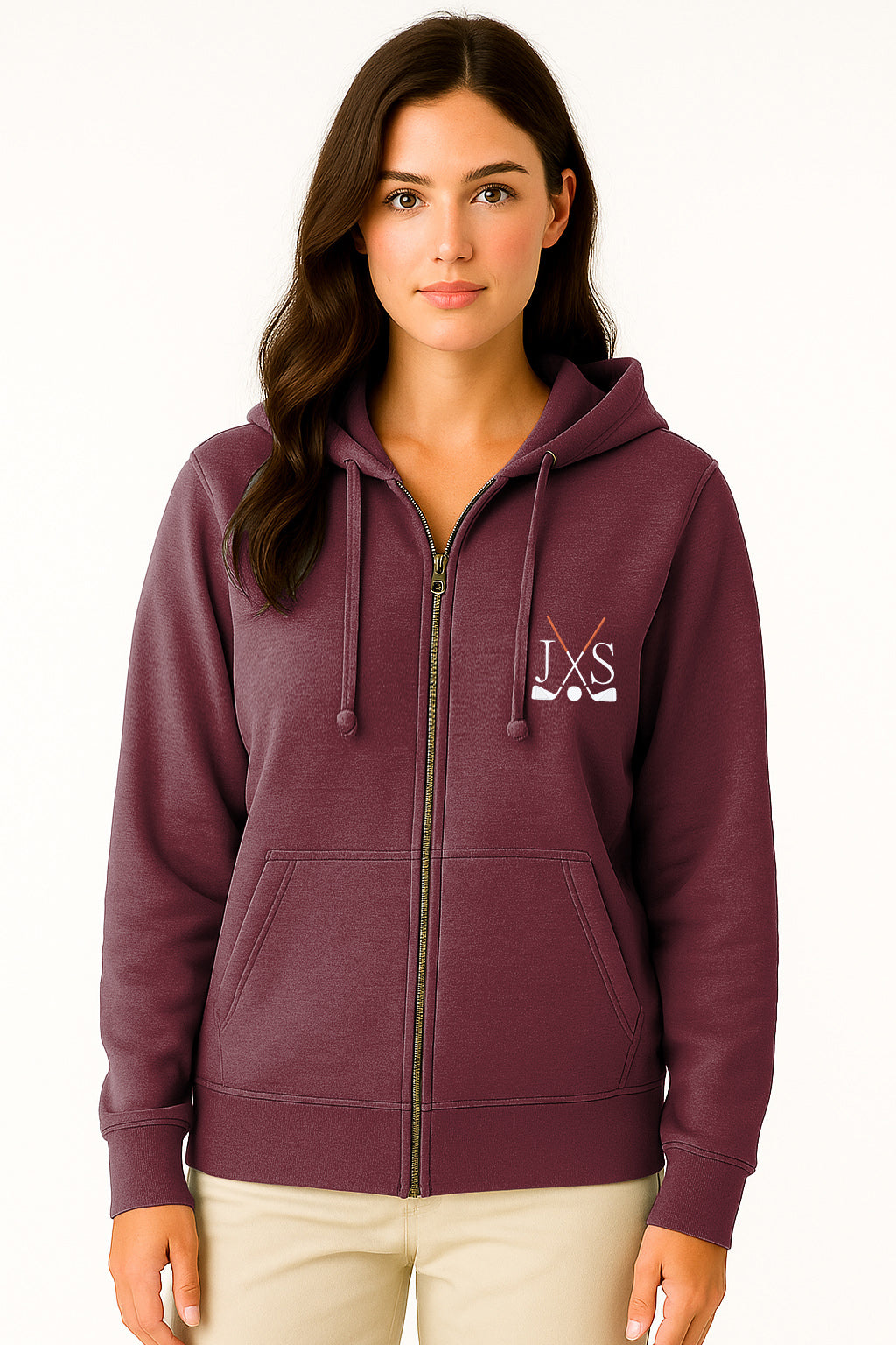 Plus size dark red zipper hoodie with embroidery and golf club initials detail