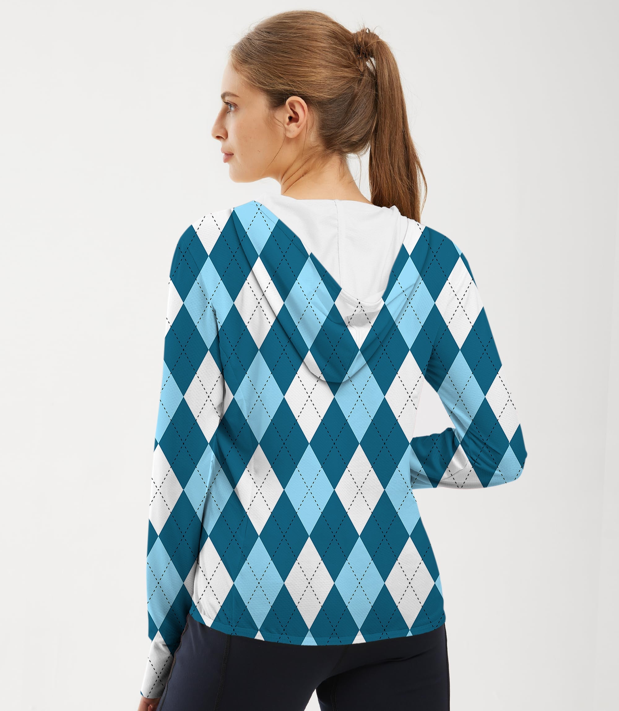 Women's outdoor slim fit zip hoodie in diamond pattern moderate blue for golf and sun protection
