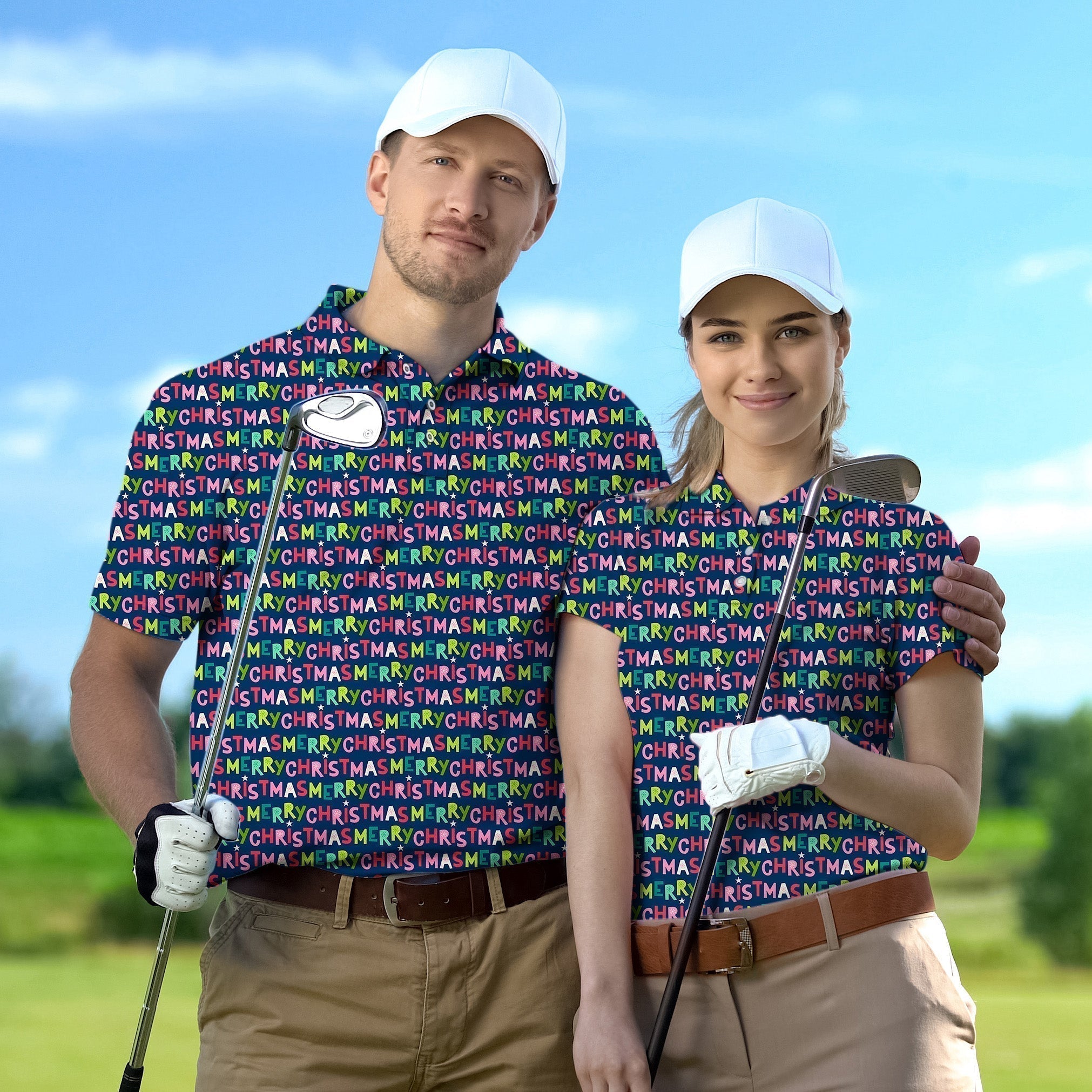 Couple wearing Couple Stars Snowflakes Christmas-themed golf shirts with caps on a golf course holding clubs