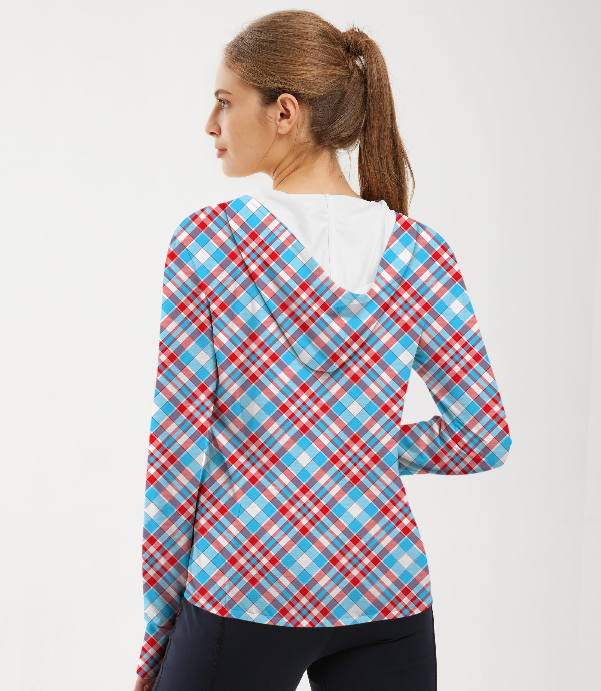 Women's OutdoorArgyle red blue slim fit zip hoodie with sun protection for golf and outdoor activities
