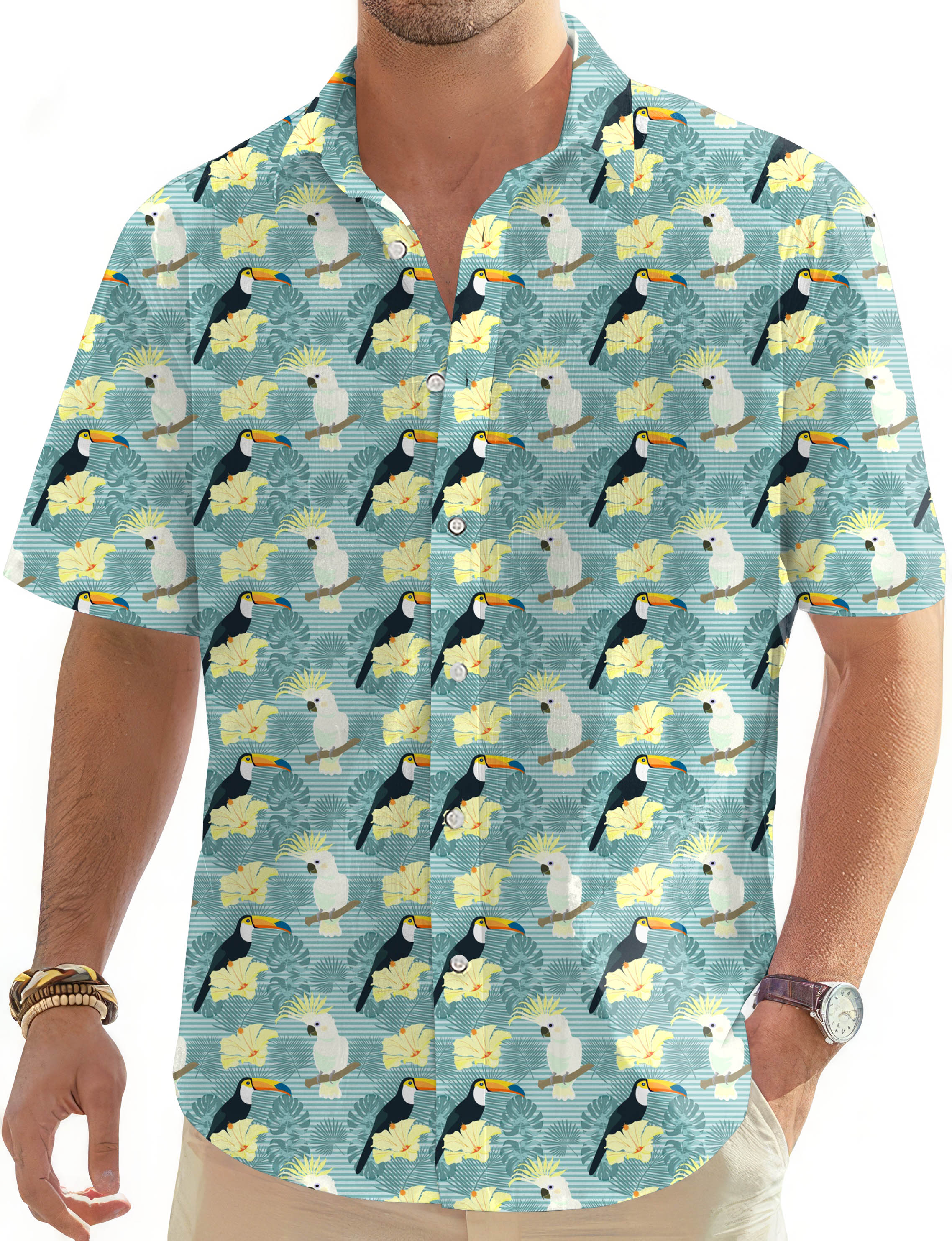 Men's Hawaiian shirt with flamingo flowers and toucan print, short sleeve button-down beach style