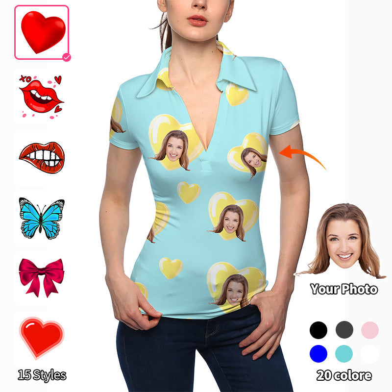 Valentine's Day women's custom photo V-neck golf polo shirt in green and blue with heart designs