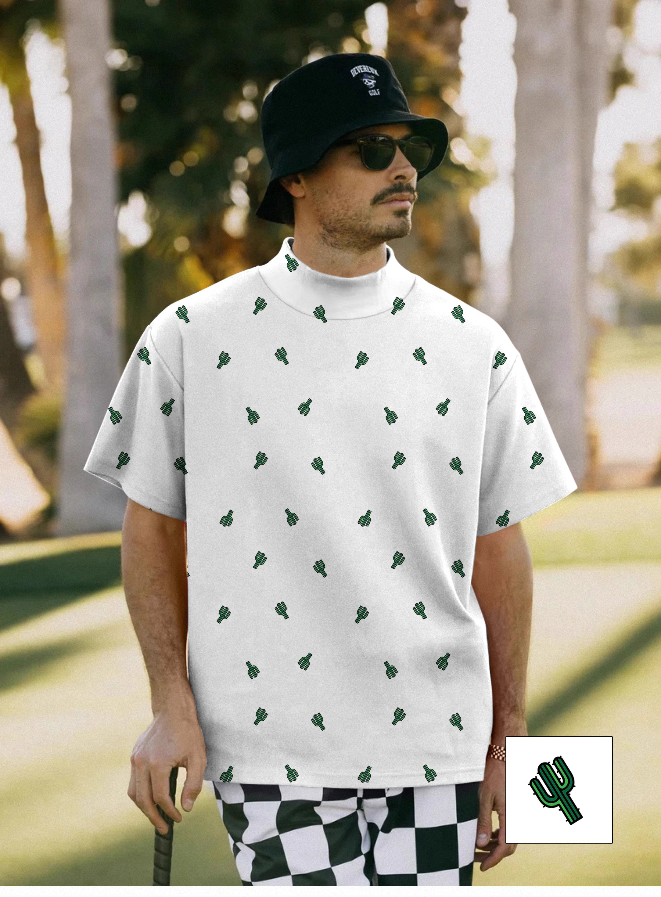 Men's Cactus Custom white pullover T-shirt with green cactus print and high neck, worn by man outdoors