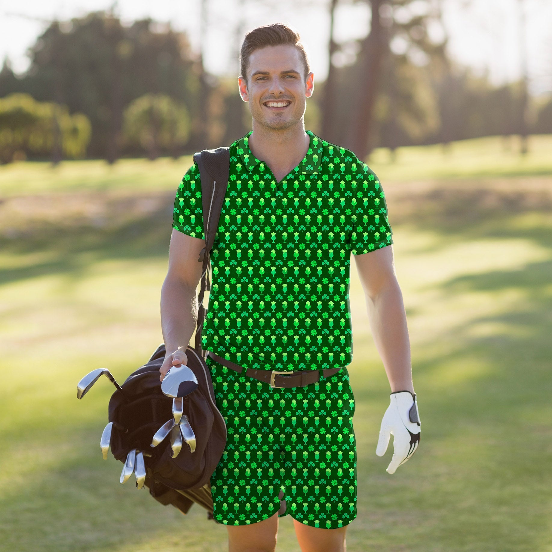 Men's golf set with green beer clover leaf polo and shorts for St. Patrick's Day, moisture-wicking, stretchy, wrinkle-resistant, and UPF 40+ protection.