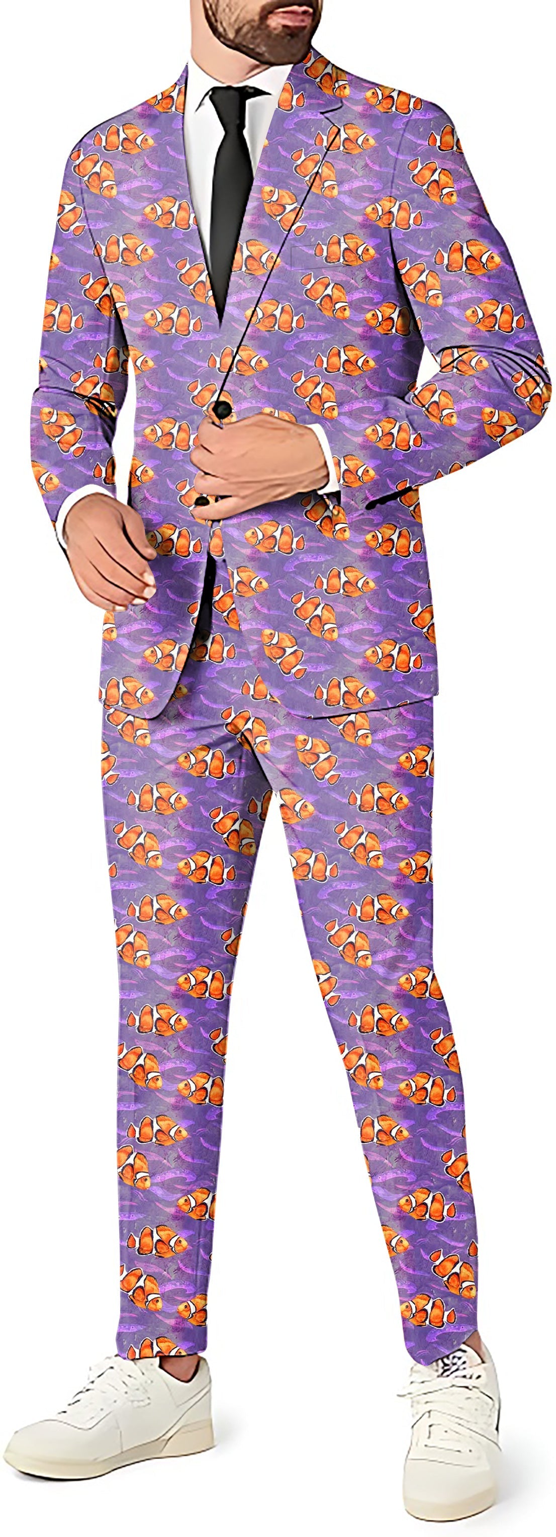 Men's Nemo fish themed party suit set with blazer, pants, and vest in vibrant purple and orange design