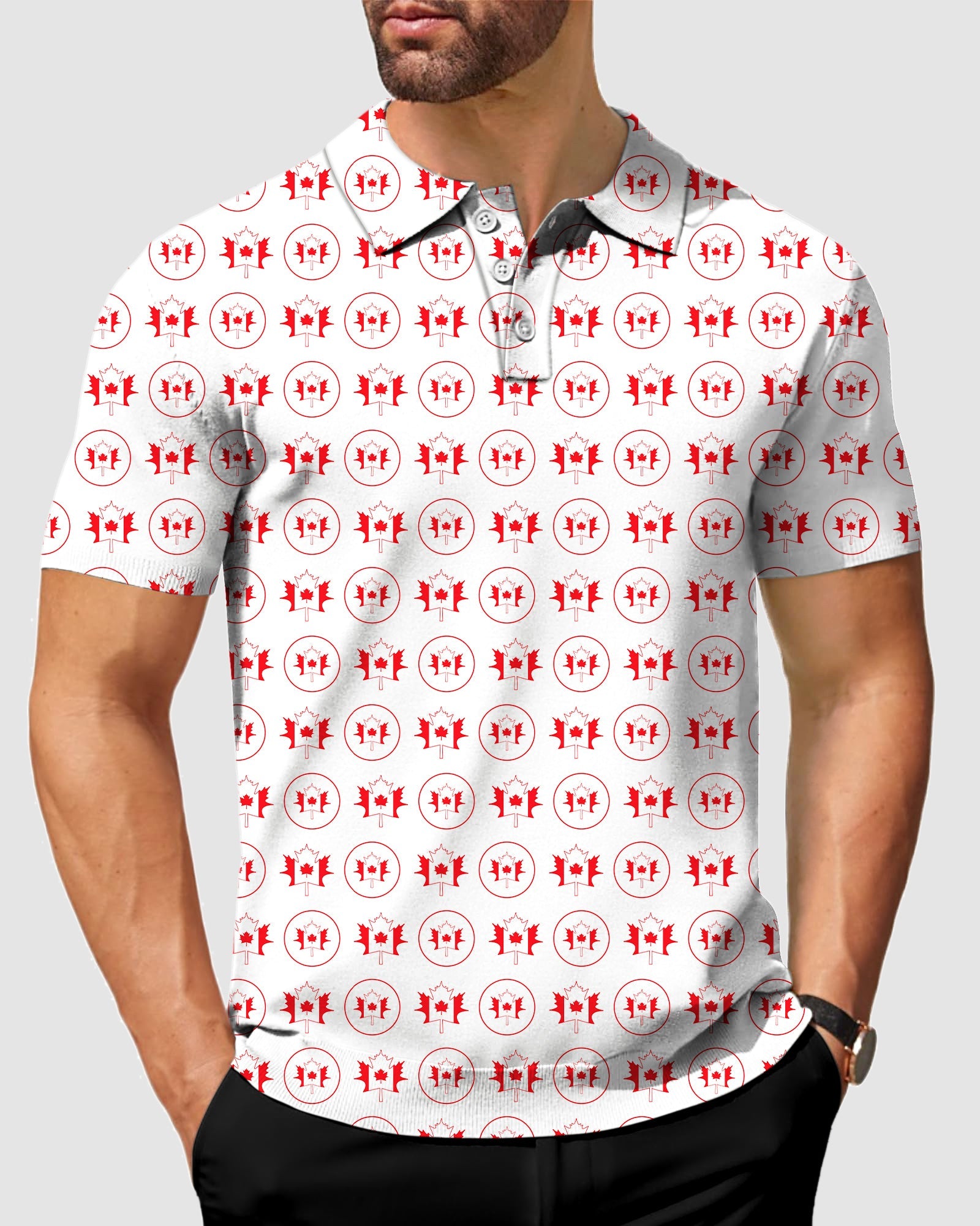 Men's Circle Canada polo shirt with red maple leaf circle pattern, four-way stretch, wrinkle-resistant, moisture-wicking fabric, and UPF 40+ protection