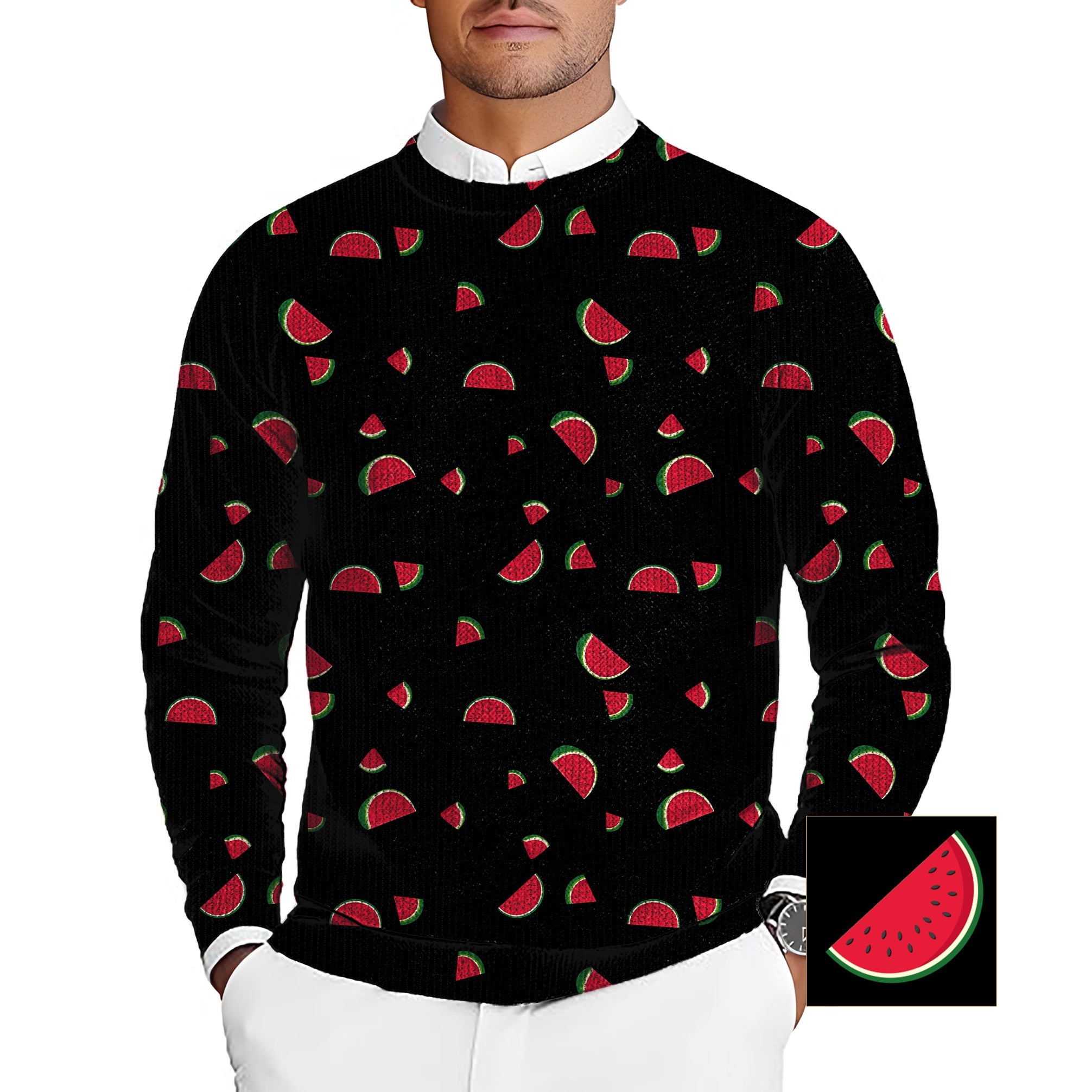 Men's black crewneck pullover sweater with custom watermelon pattern for golf teams