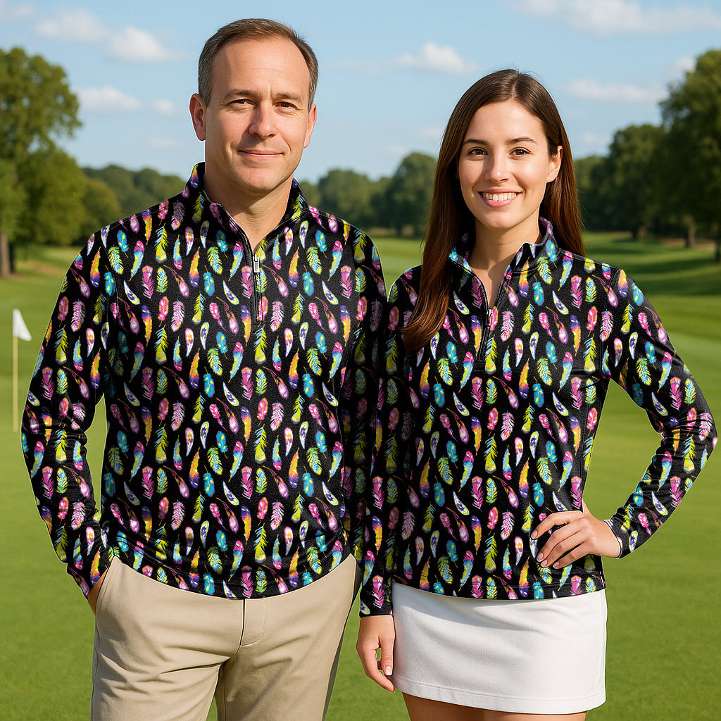 Couple wearing colorful feathers print golf active 3/4 zip tops with long sleeves on golf course