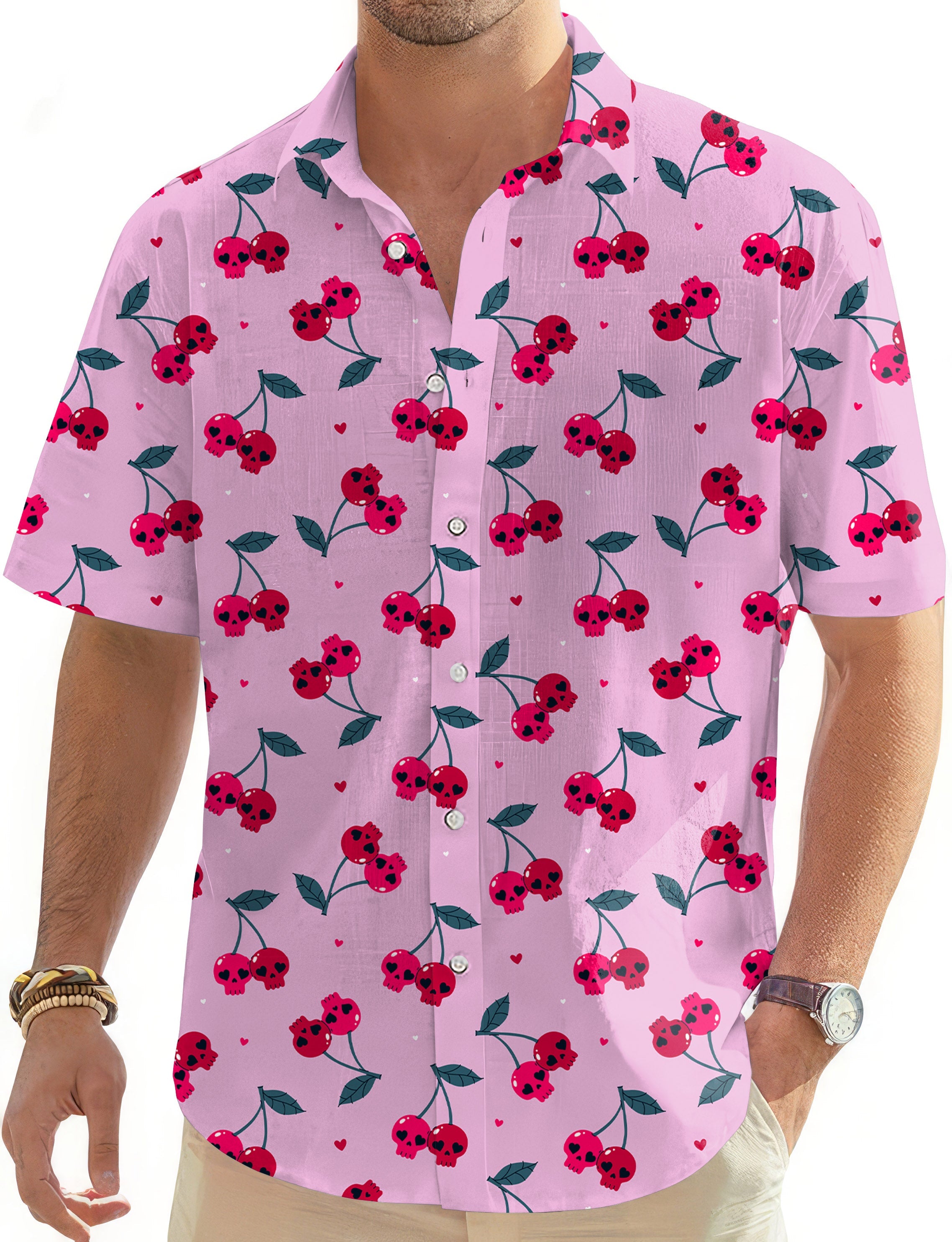 Men's Halloween Cherry Skull Hawaiian button-down golf shirt with pink background and red skull cherries pattern