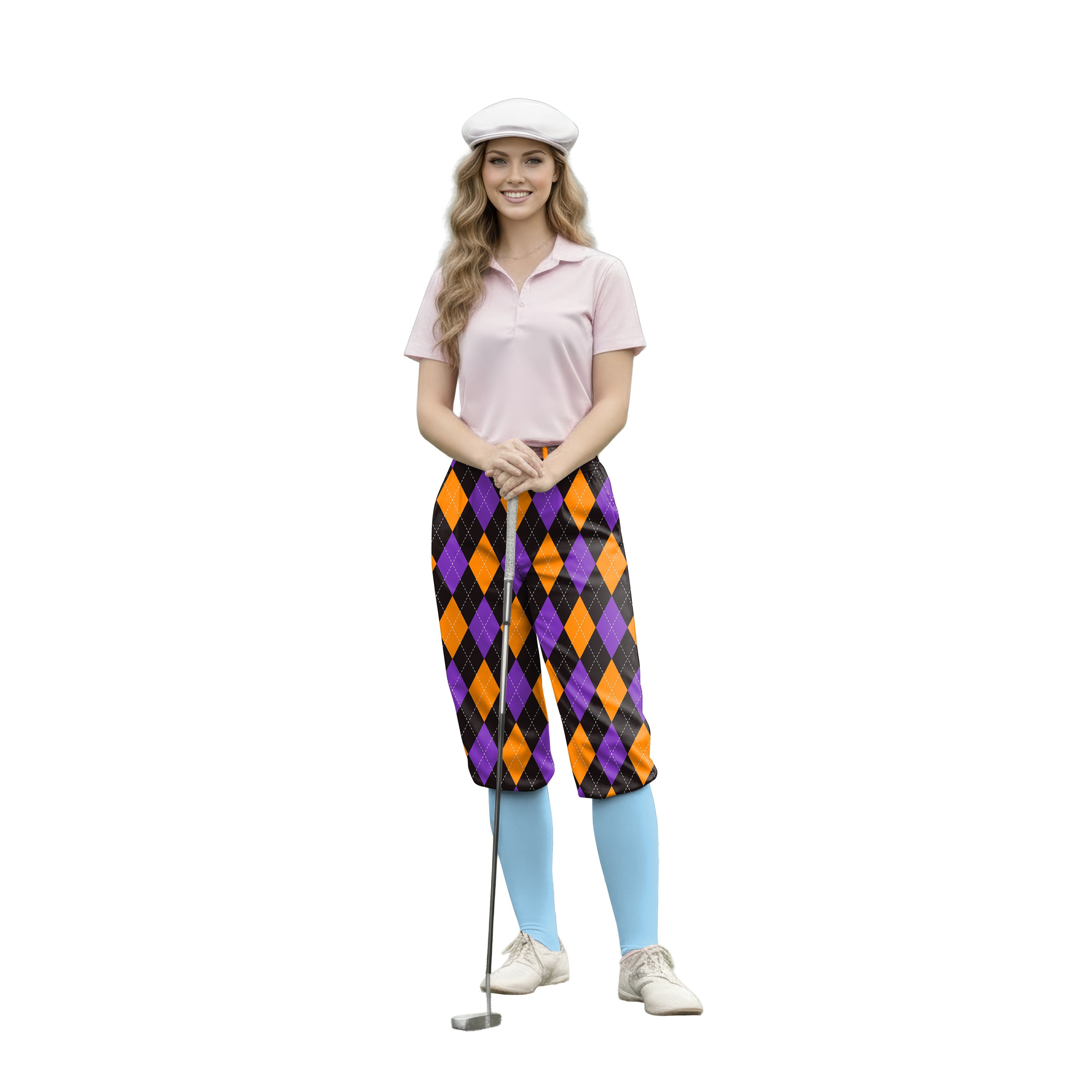 Woman wearing orange purple and black argyle golf knickers pants with a pink polo shirt and white cap