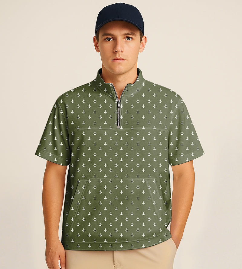 Dark green half zipper turtleneck golf shirt with white anchor embroidery and short sleeves