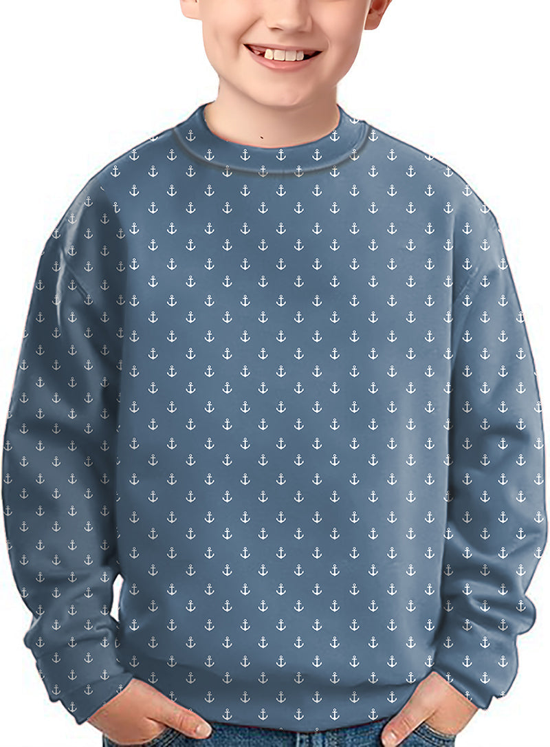 Kids gray blue anchor crewneck pullover ugly sweater with anchor pattern