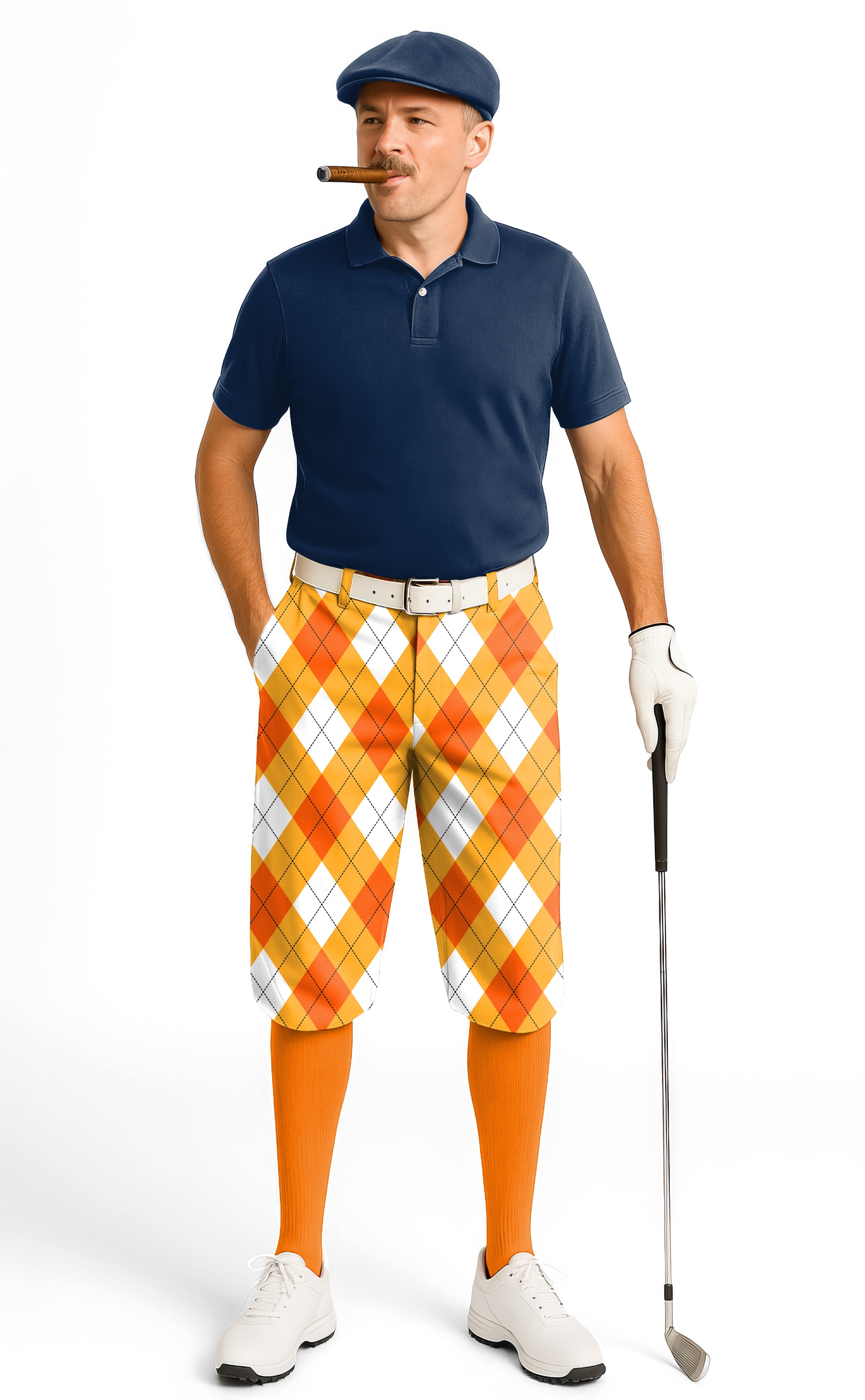Man wearing Halloween Cross Orange White argyle golf knickers with orange socks and navy polo shirt playing golf