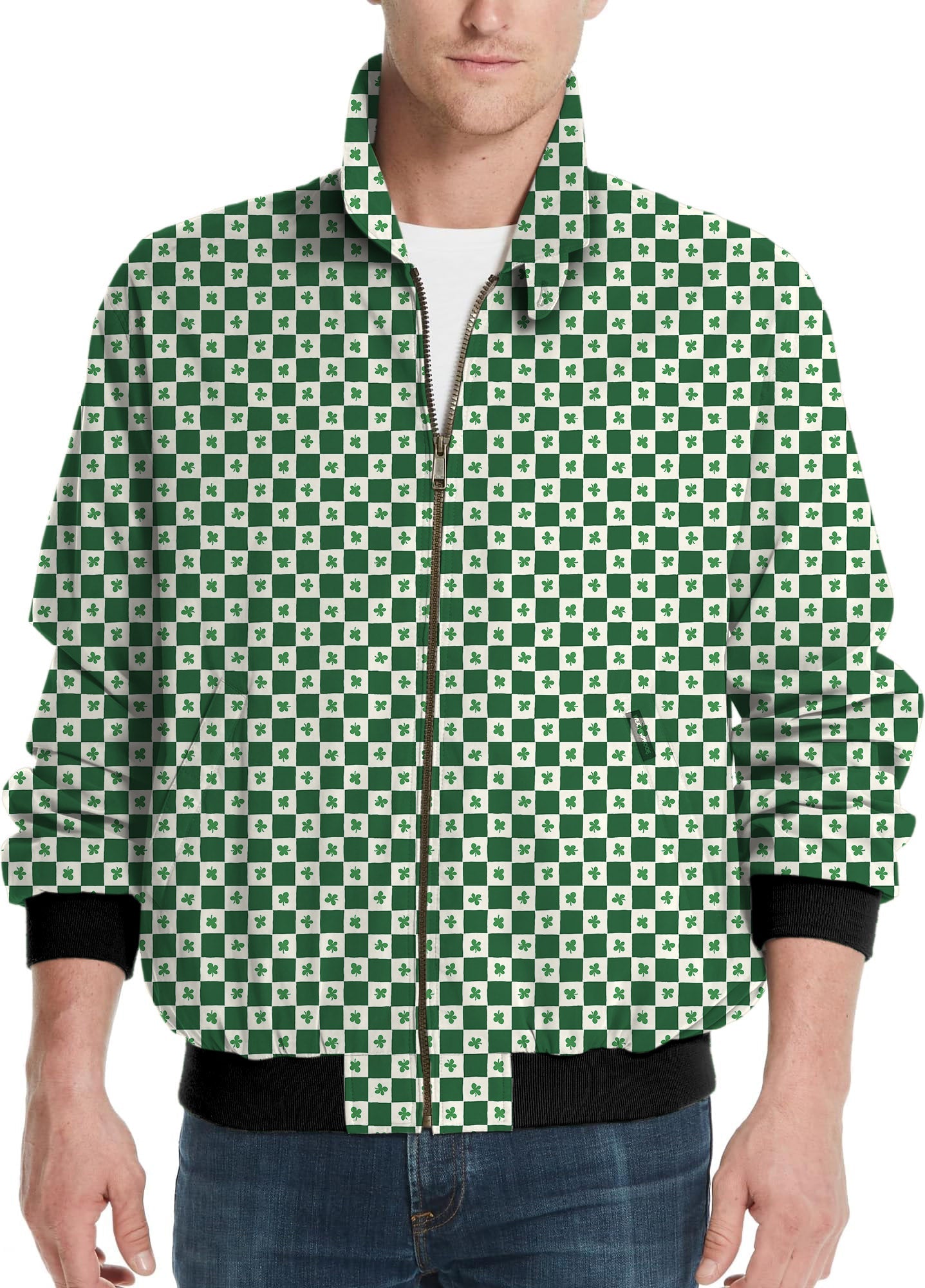 Men's golf windbreaker light jacket with green and white leaf clover St. Patrick's Day pattern