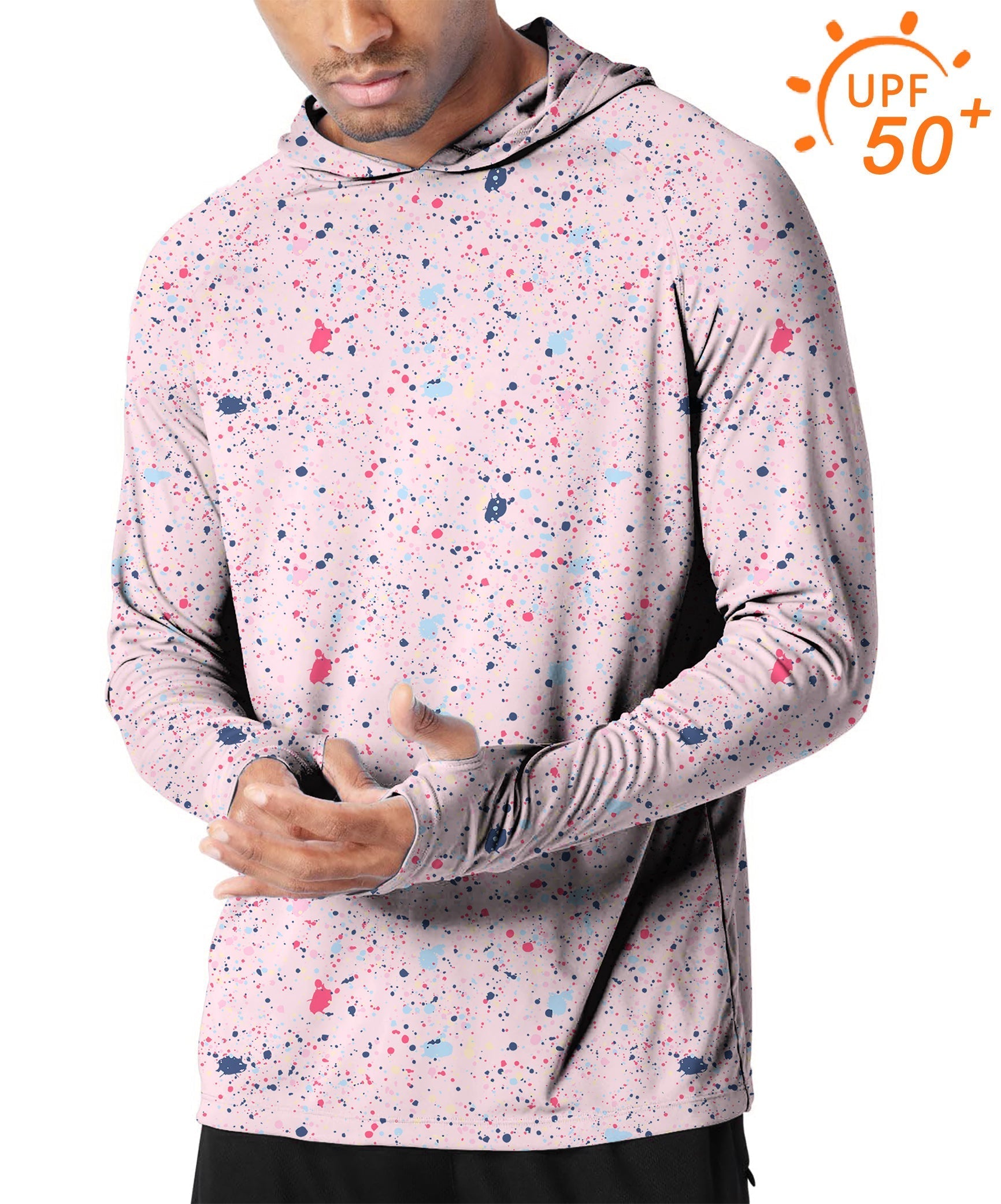 Men's outdoor slim fit golf hoodie with black and pink ink dot design and UPF 50+ sun protection