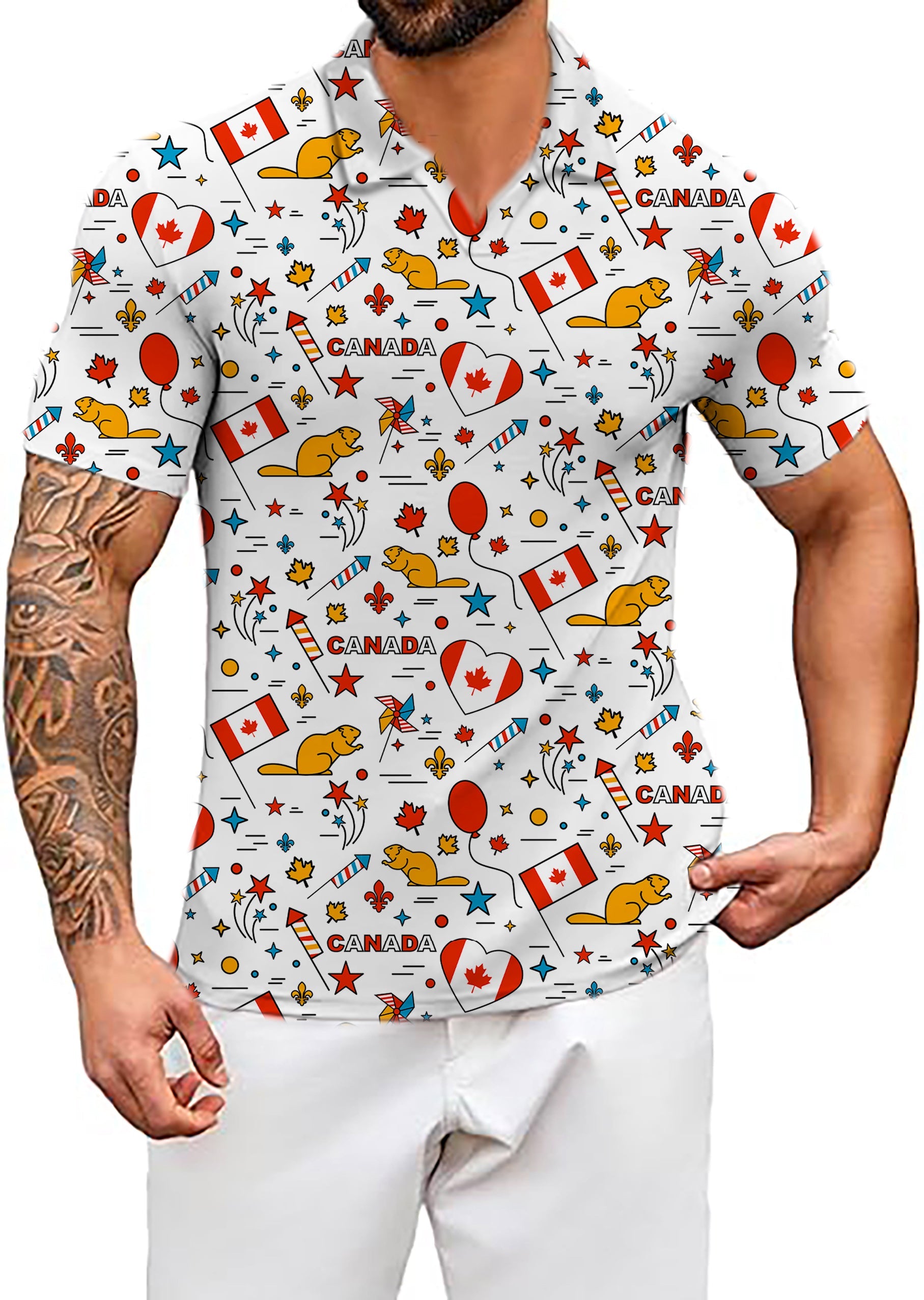 Men's Coconut Palm Canadian balloon squirrel print V neck golf polo shirt with Canadian flags and symbols