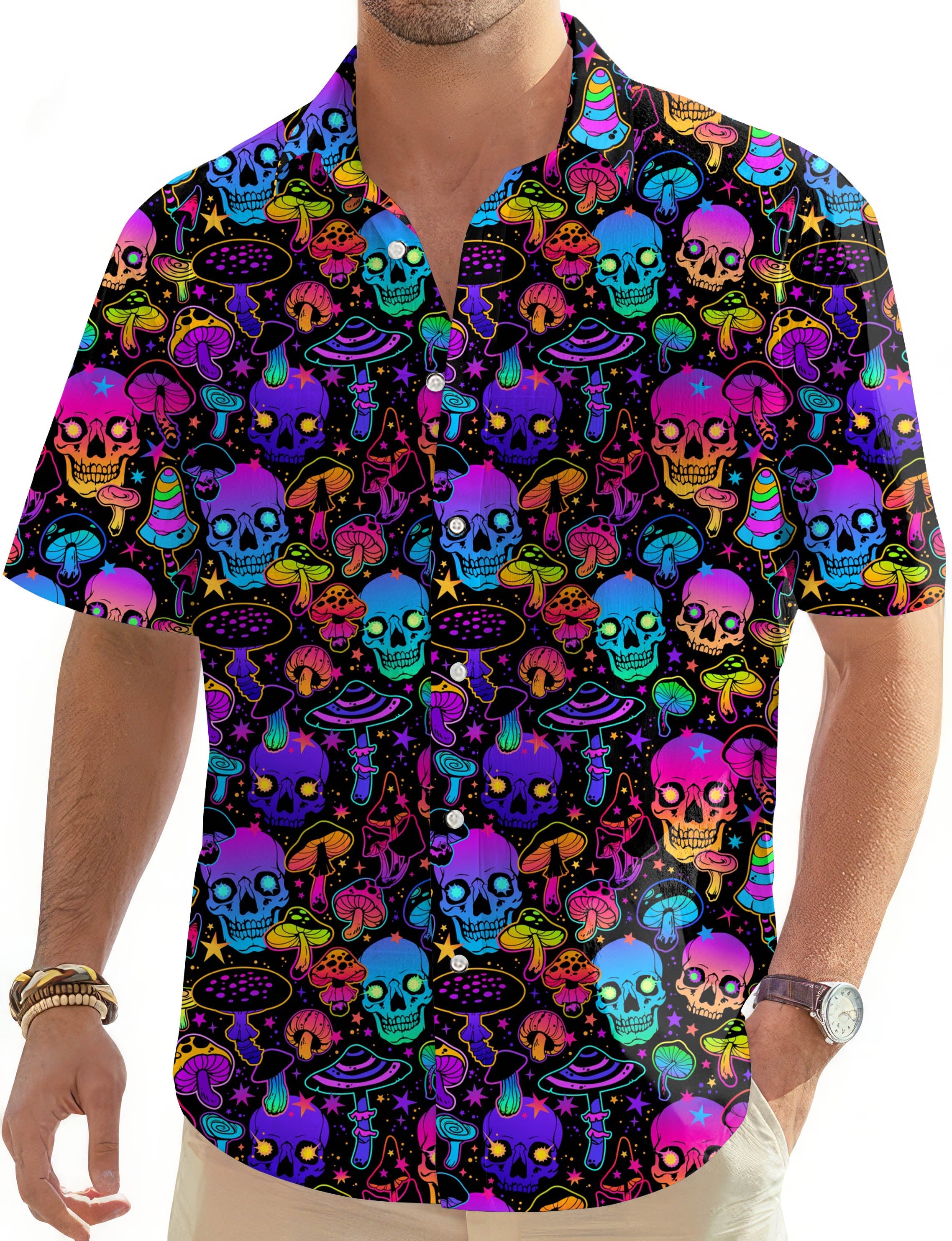 Men's neon skull Hawaiian button-down golf shirt with colorful skull and mushroom pattern