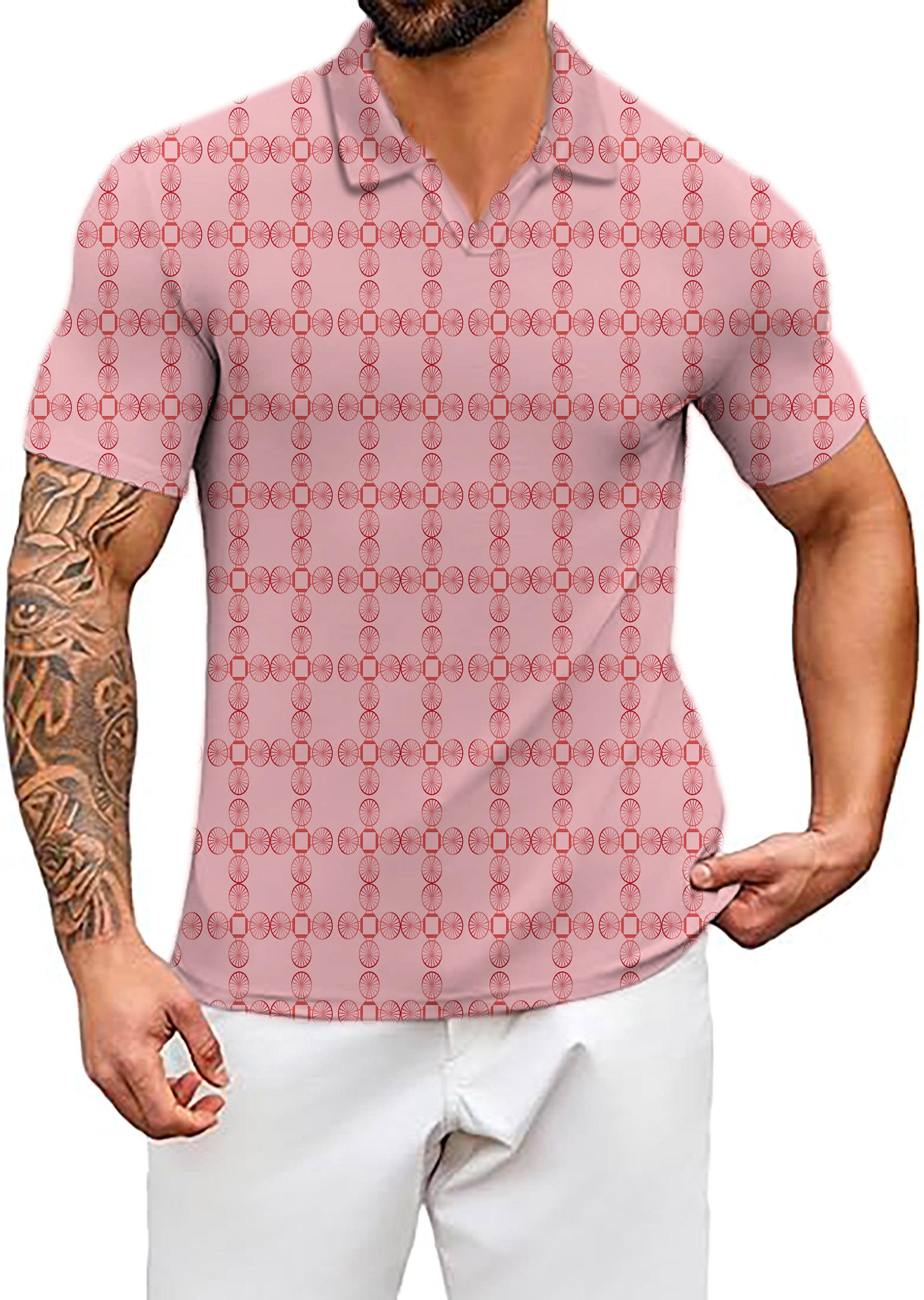 Men's limited edition Pink geometry V Neck Golf Polo Shirts