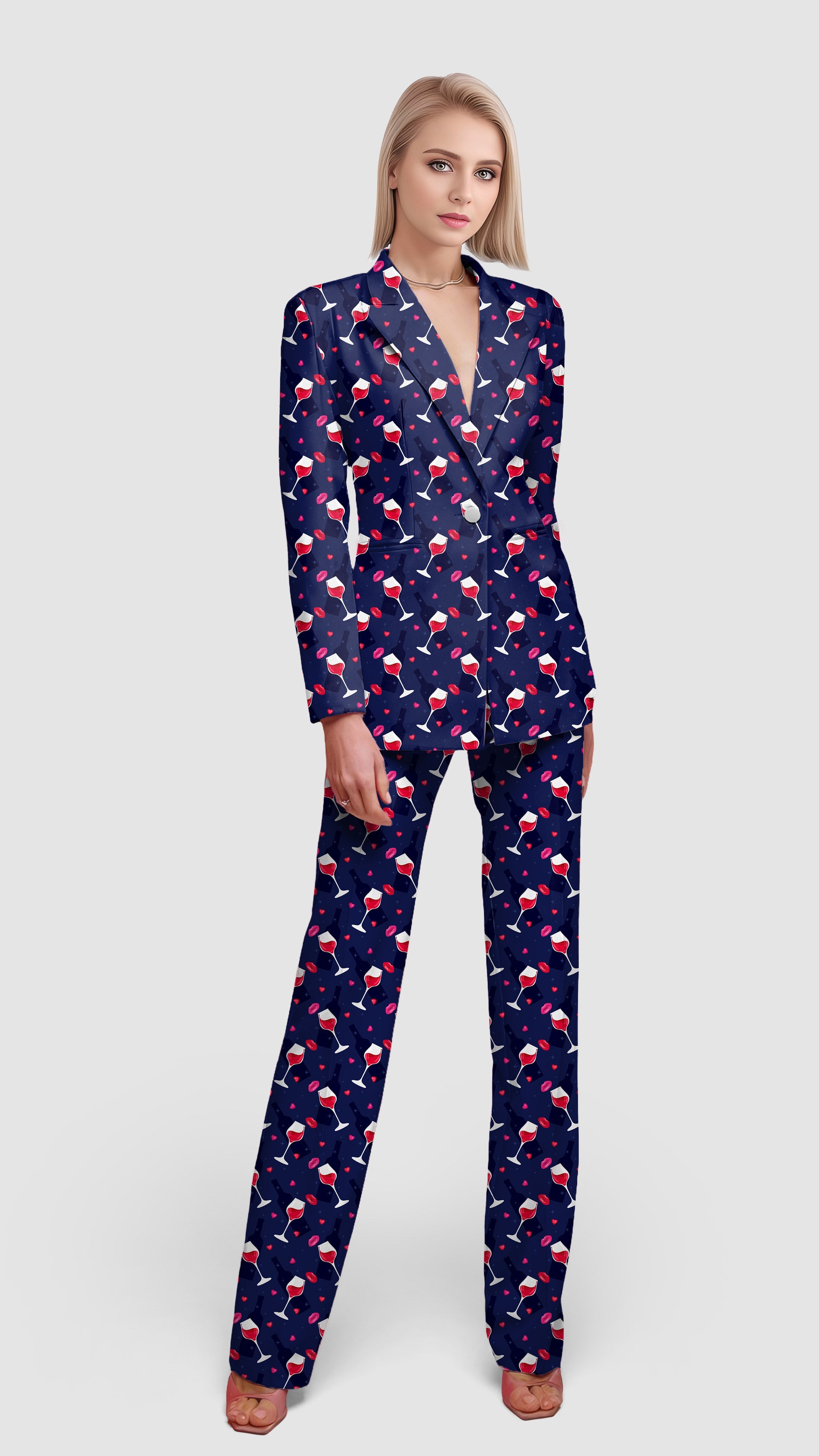 women's red wine print blazer suit set with lapel collar and flap pockets for office and casual wear