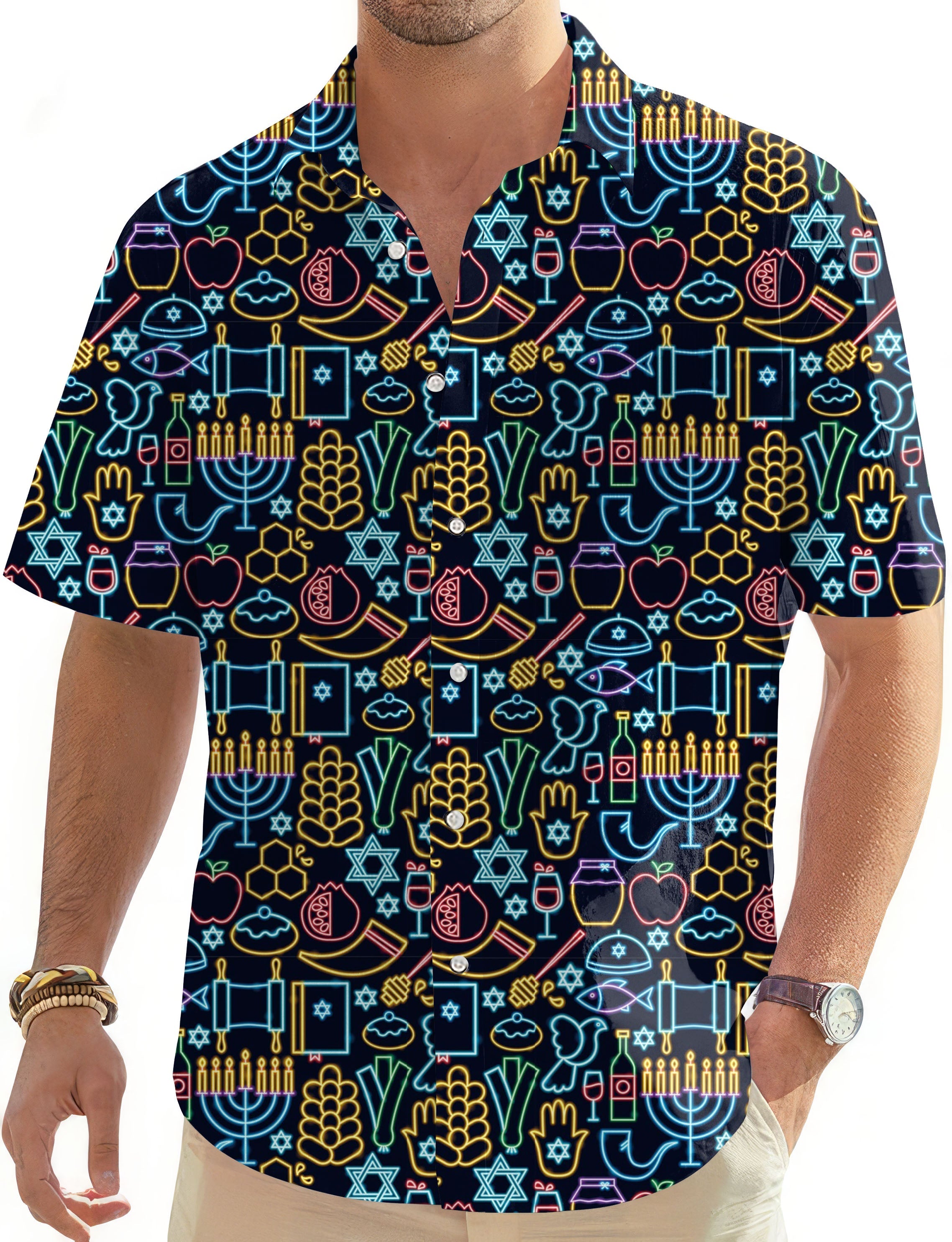 Neon Rosh Hasanah-Men's Hawaiian golf shirt with colorful Jewish-themed neon symbols and button-down design