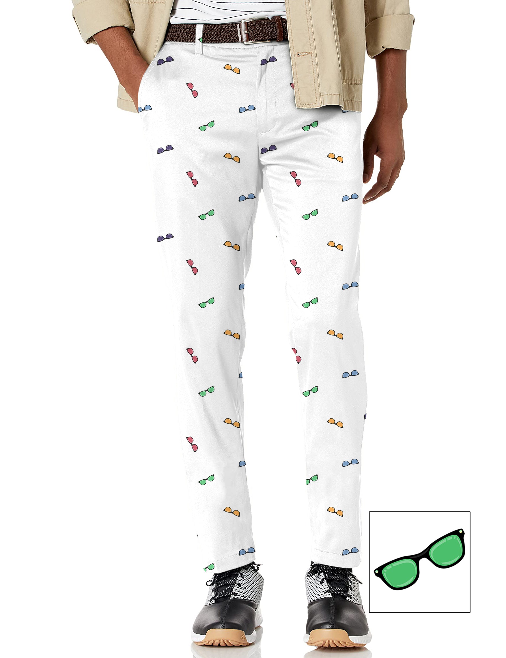 Men's colorful sunglass print white stretch golf pants with moisture-wicking fabric and active waistband