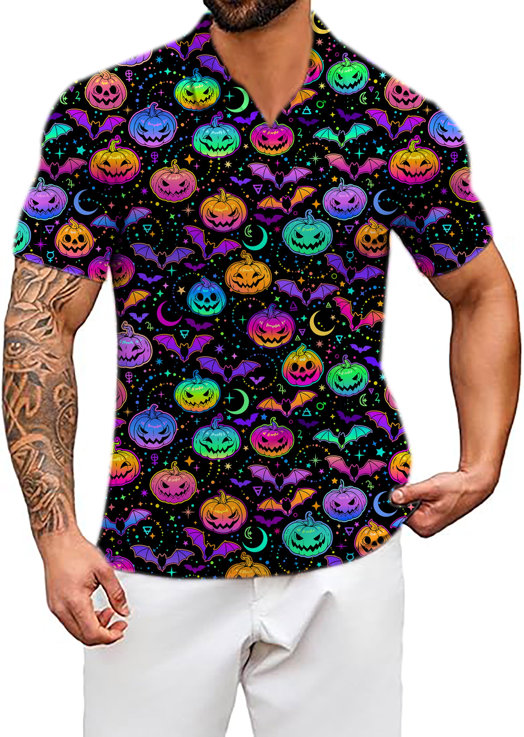 Men's Coconut Palm Neon Halloween Pumpkin V Neck Golf Polo Shirts