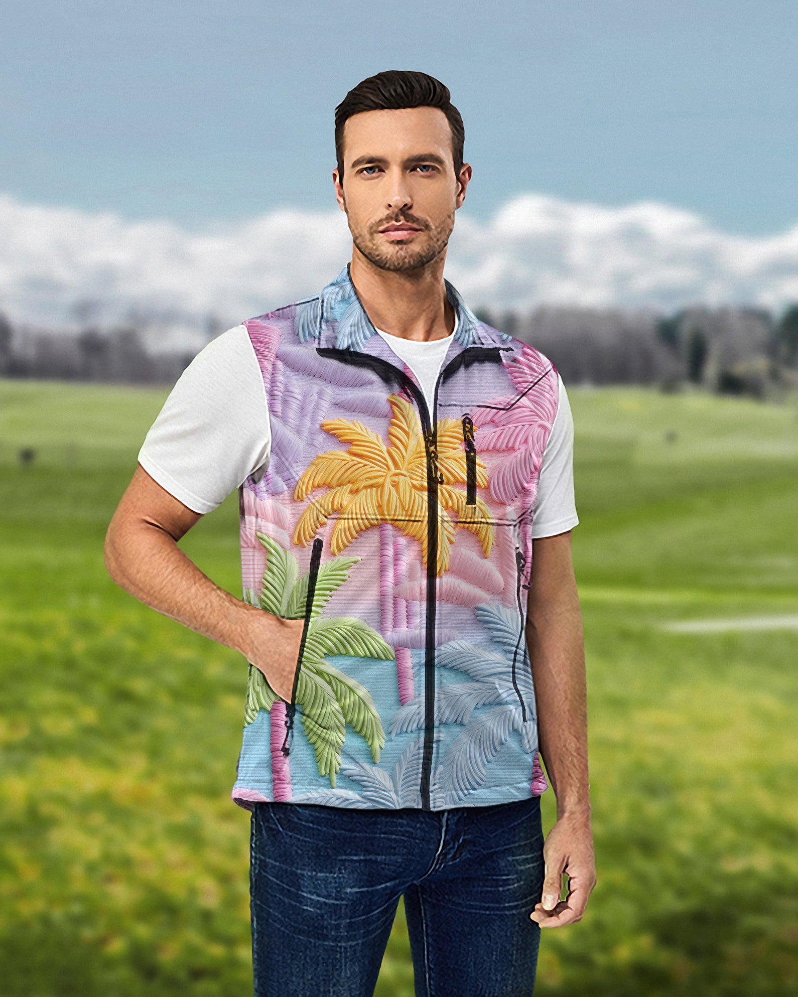 Men's 3D coconut trees softshell vest sleeveless jacket for golf windproof waterproof