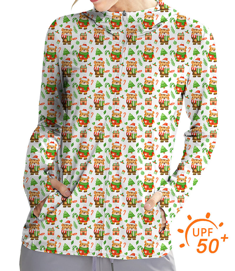 Women's outdoor Christmas zip hoodie with tiger golf sun protection, slim fit, UPF 50+, lightweight breathable fabric