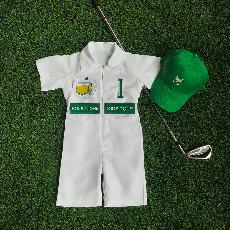 Custom Golf Shorts Suit for kids Golf White-Green Suit Children's Jumpsuit Baby Golf Birthday Uniform With Hat