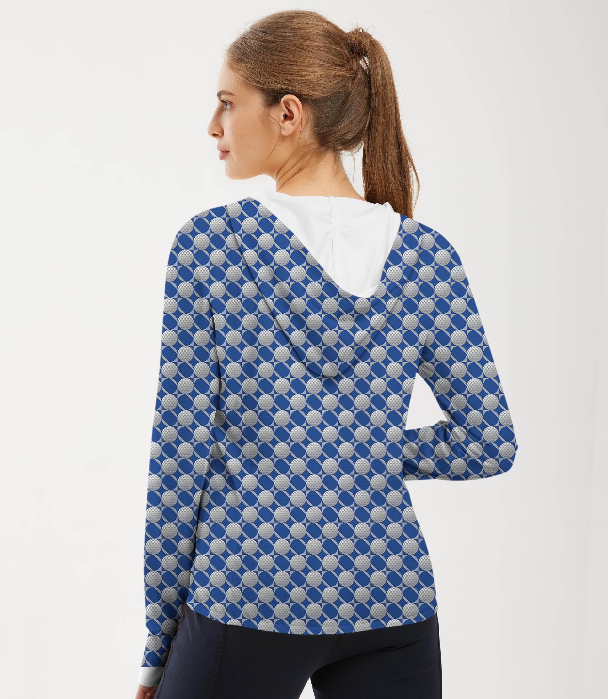 Women's outdoor blue slim fit zip hoodie with golf ball pattern and sun protection